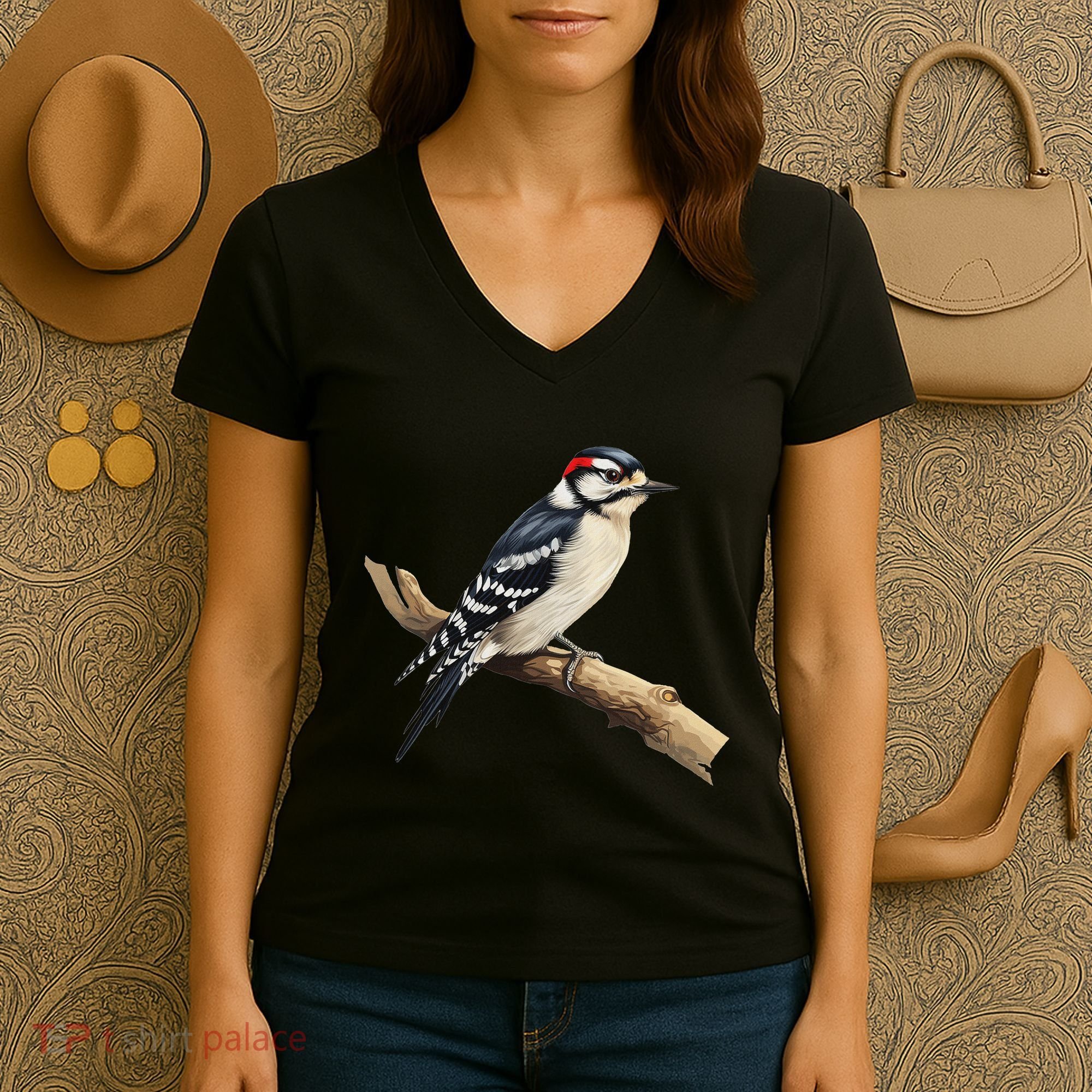 Downy Woodpecker Bird Lover Illustration Women's V-Neck T-Shirt