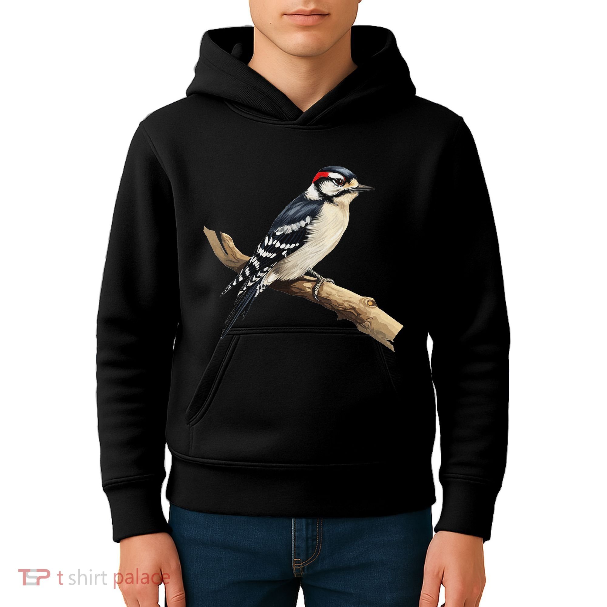 Downy Woodpecker Bird Lover Illustration Kids Hoodie
