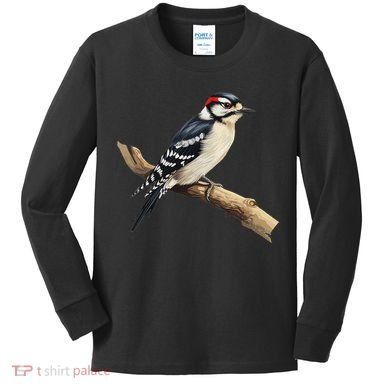 Downy Woodpecker Bird Lover Illustration Kids Long Sleeve Shirt