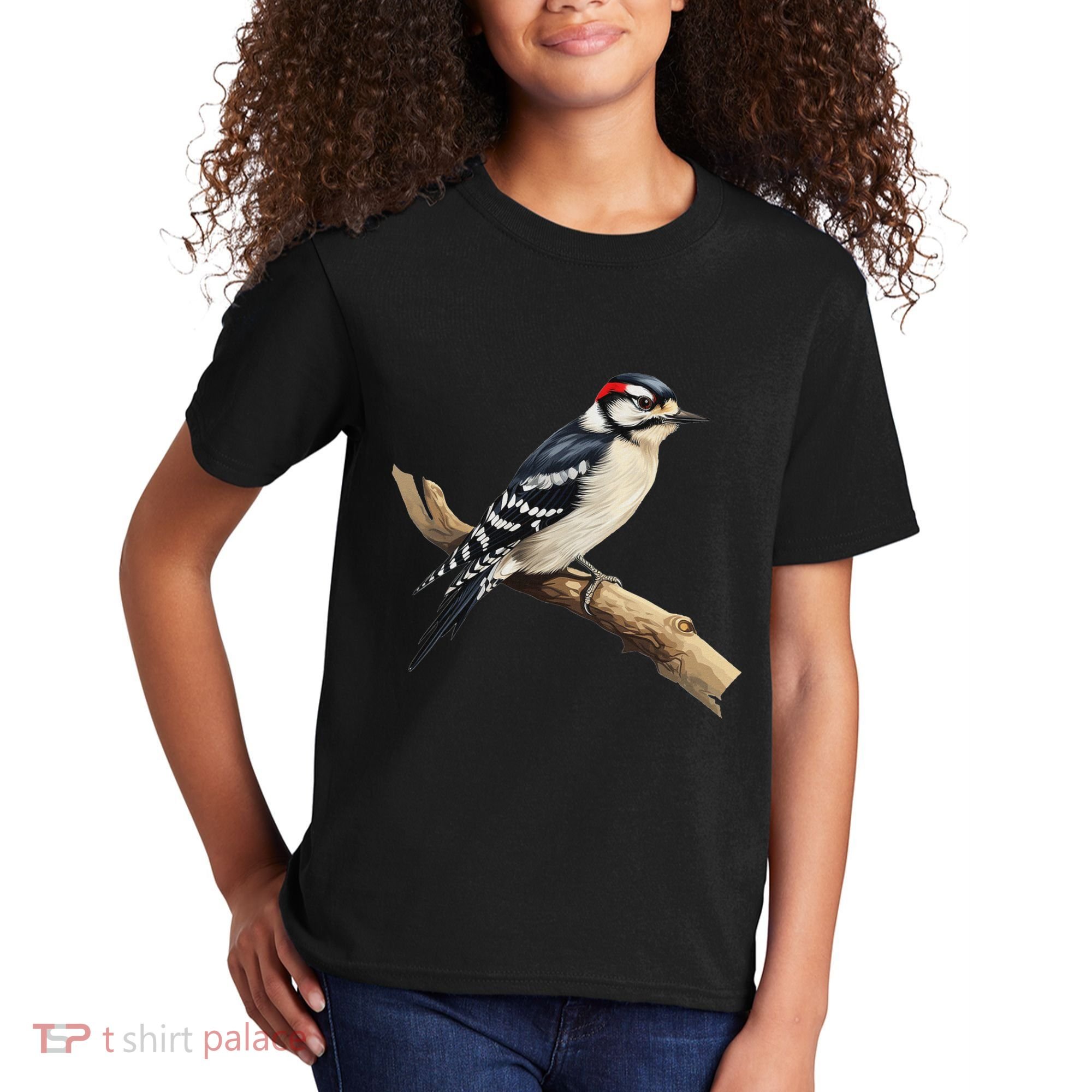 Downy Woodpecker Bird Lover Illustration Kids T-Shirt