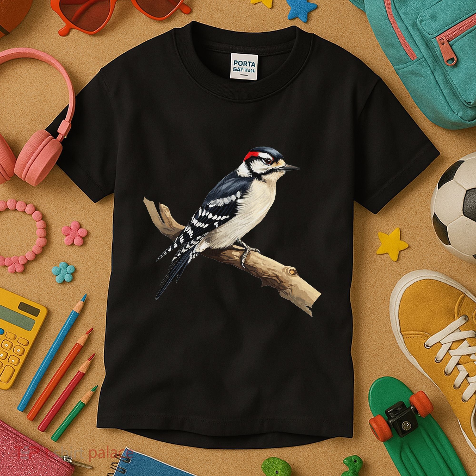 Downy Woodpecker Bird Lover Illustration Kids T-Shirt