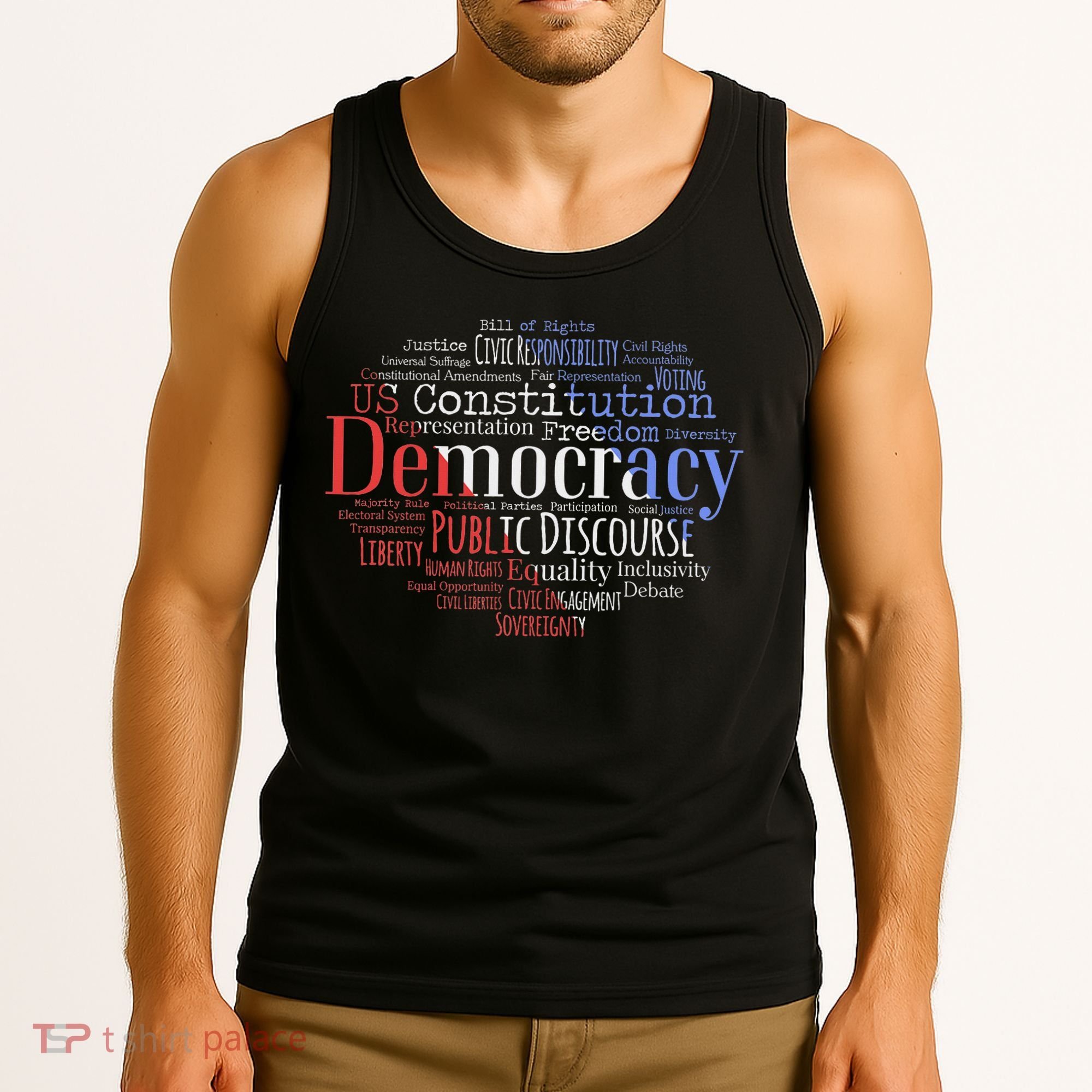 Democracy Word Cloud Art Election Red White And Blue Tank Top