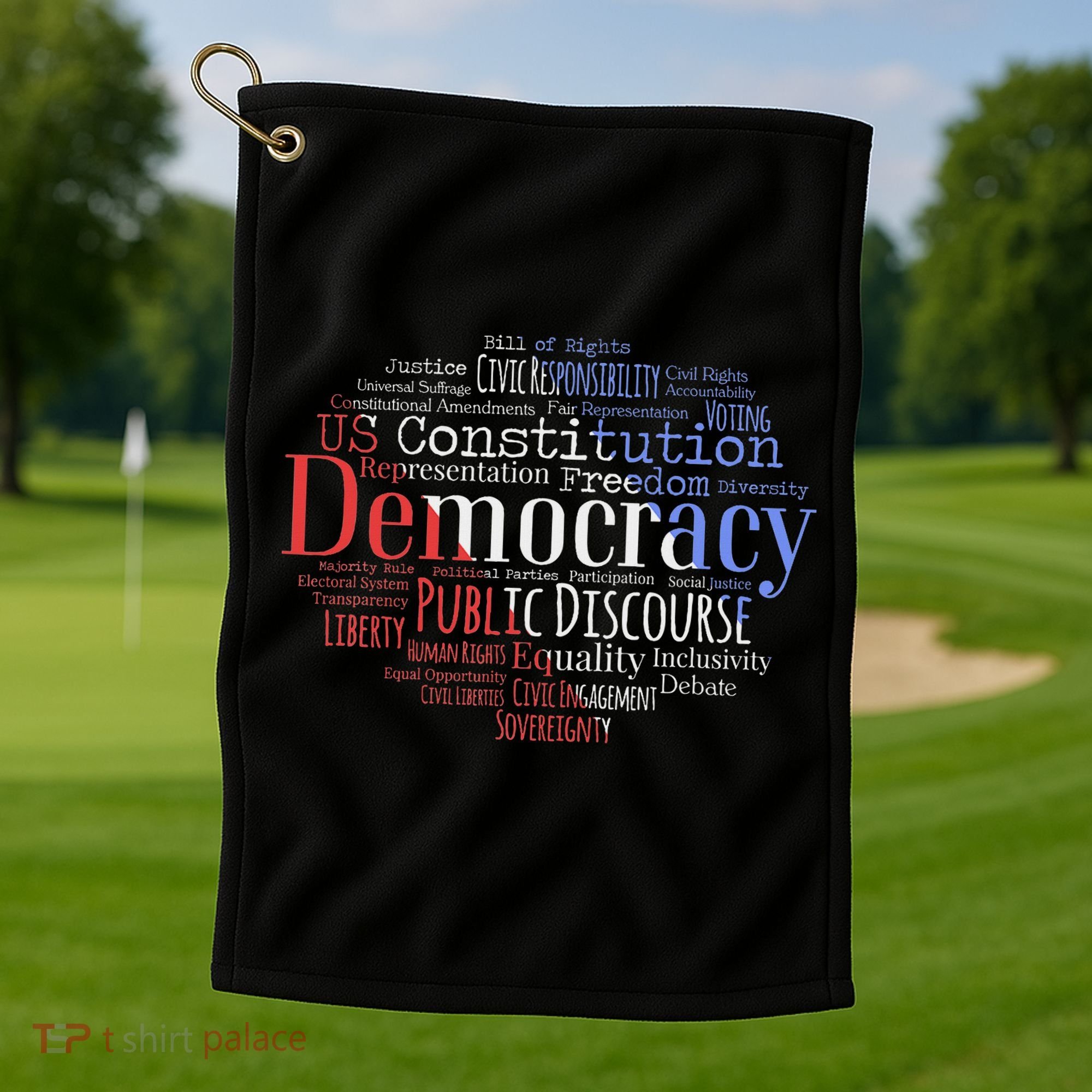 Democracy Word Cloud Art Election Red White And Blue Golf Towel