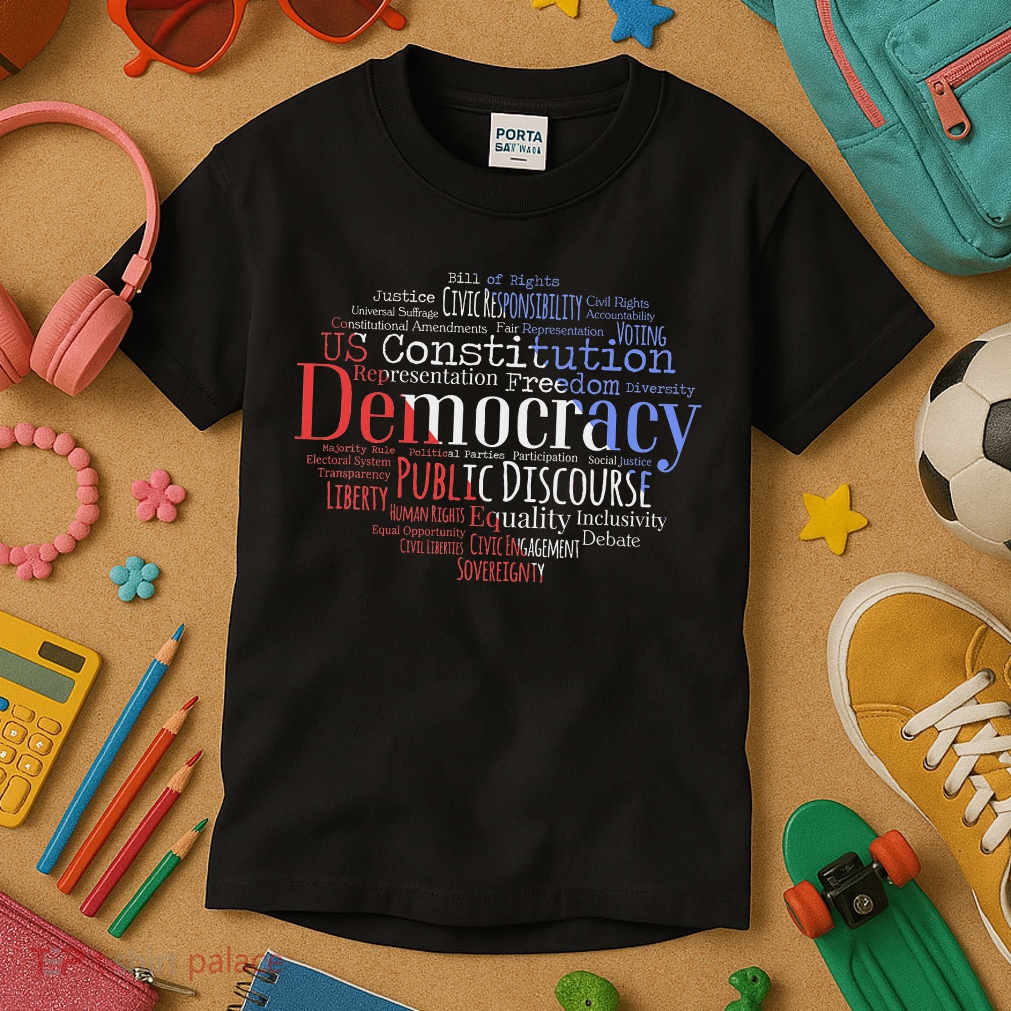 Democracy Word Cloud Art Election Red White And Blue Kids T-Shirt