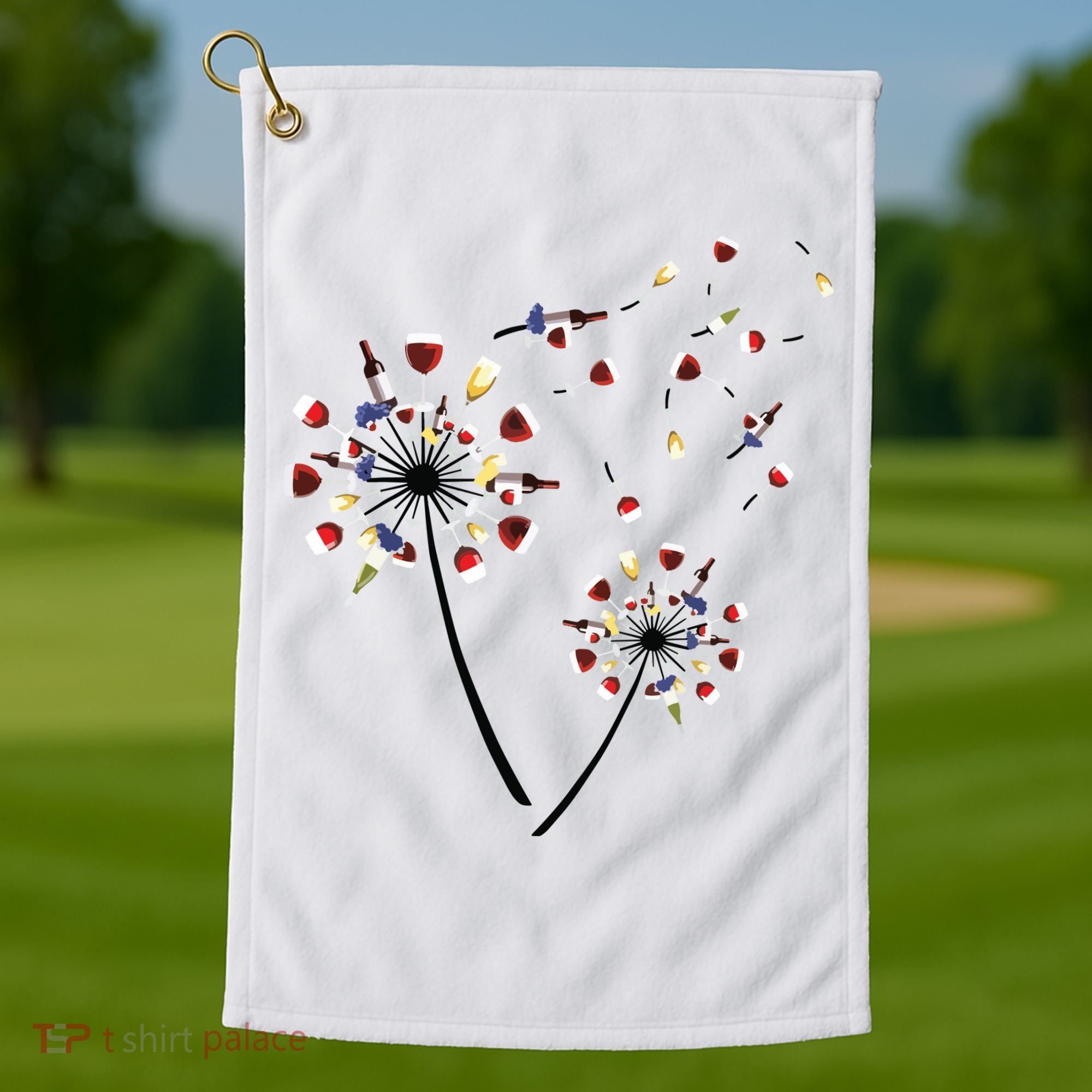 Dandelion Wine Glass Love Wine Drinking Gift Wine Lover Golf Towel