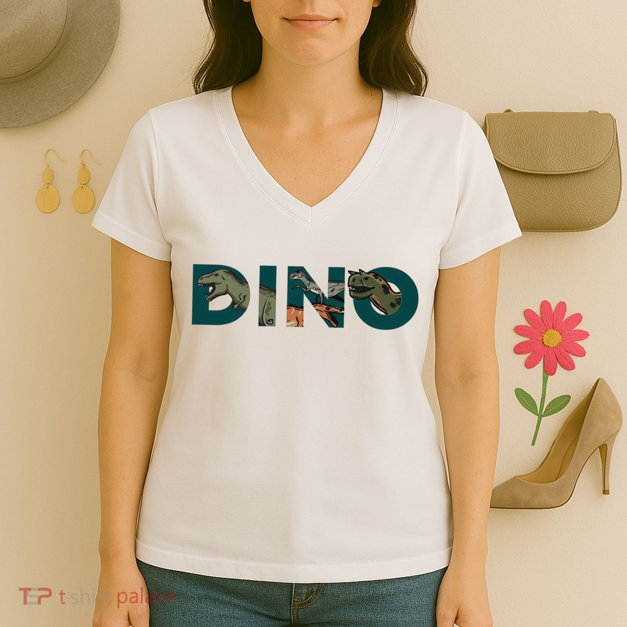 Dino Word Logo Women's V-Neck T-Shirt