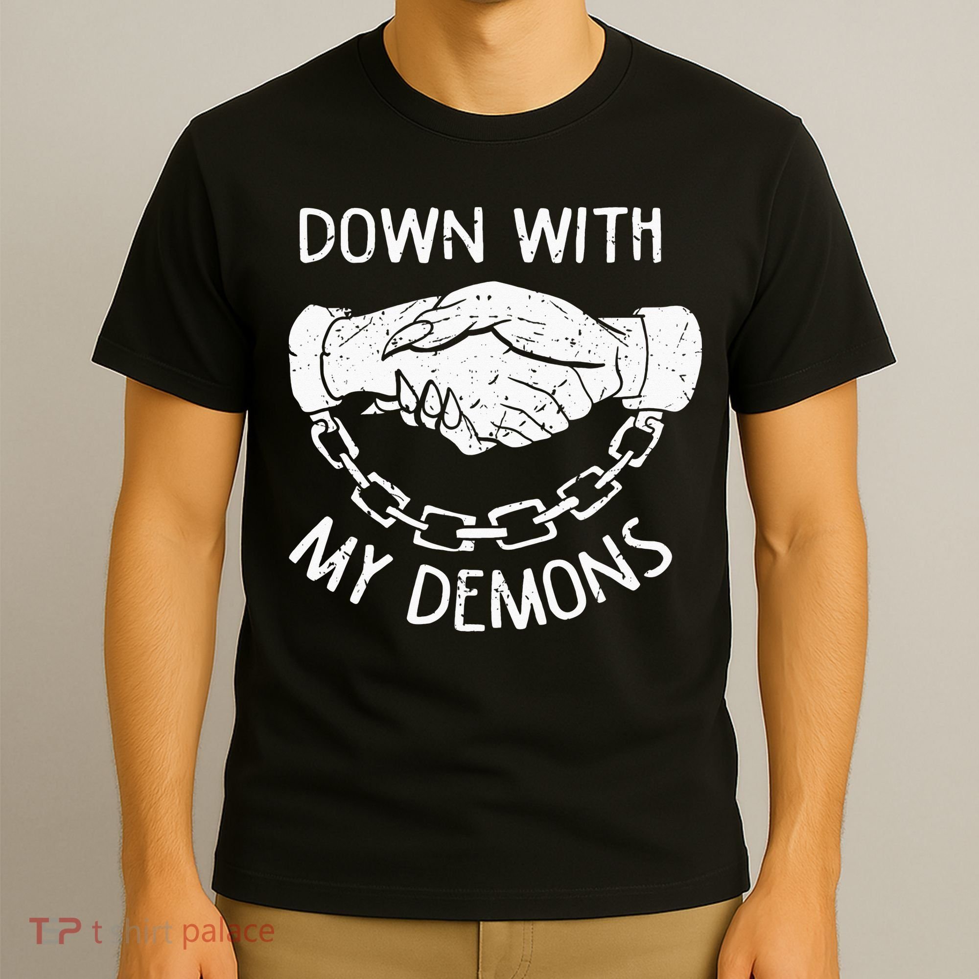 Down With My Demons Deal Handshake Aesthetic Humour Goth T-Shirt
