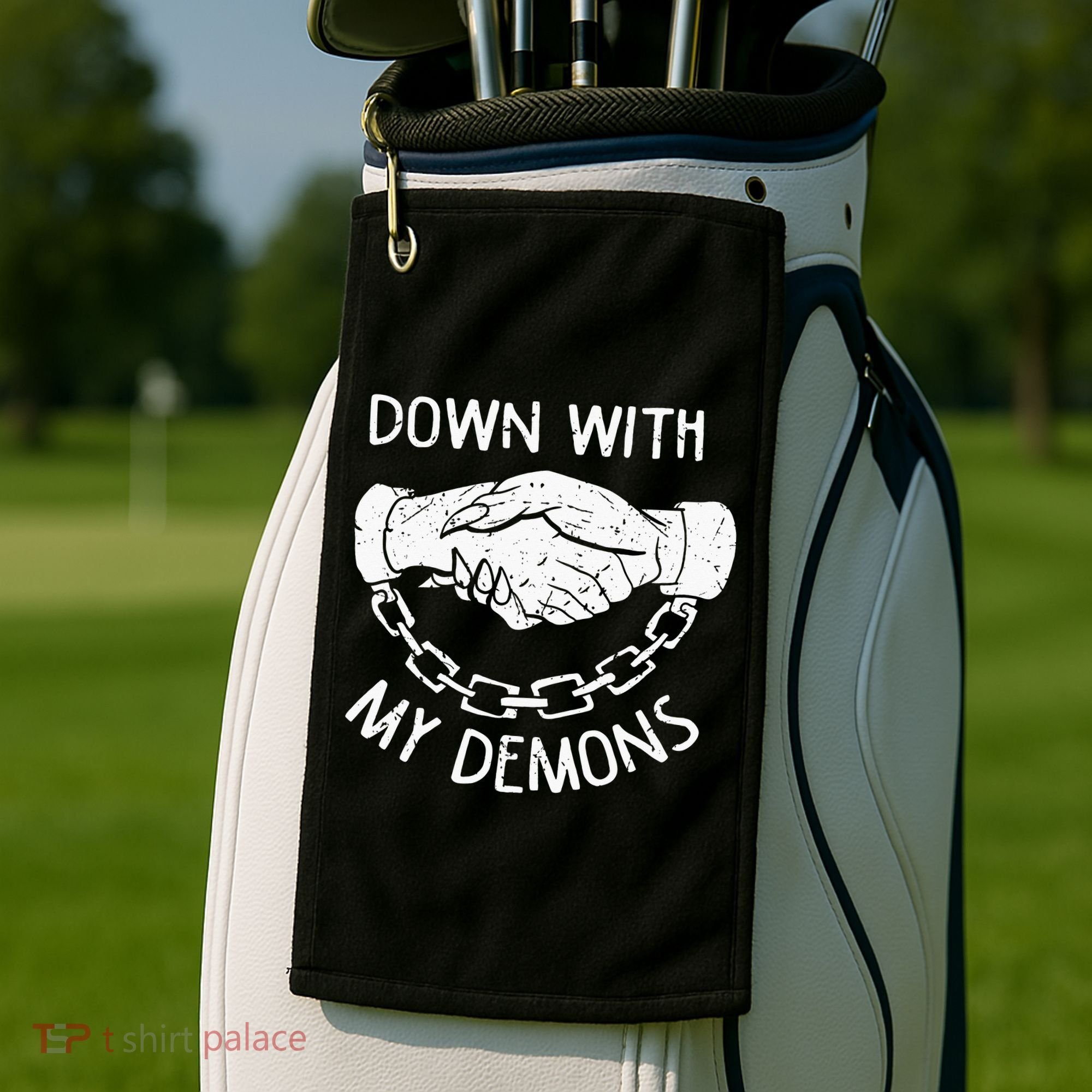 Down With My Demons Deal Handshake Aesthetic Humour Goth Golf Towel