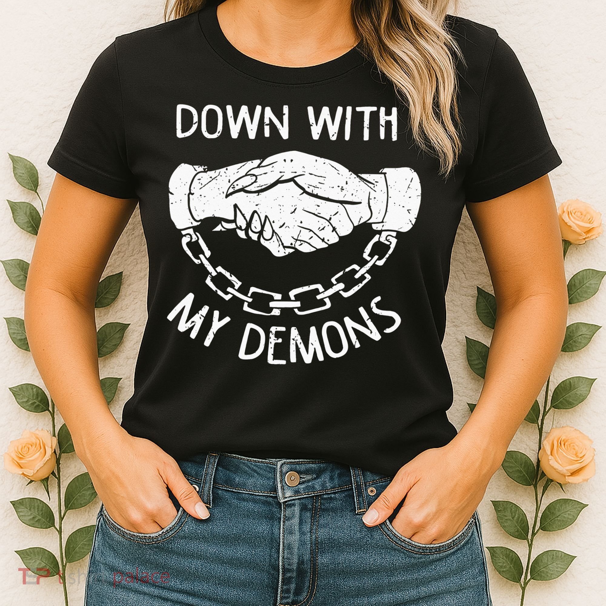 Down With My Demons Deal Handshake Aesthetic Humour Goth Women's T-Shirt