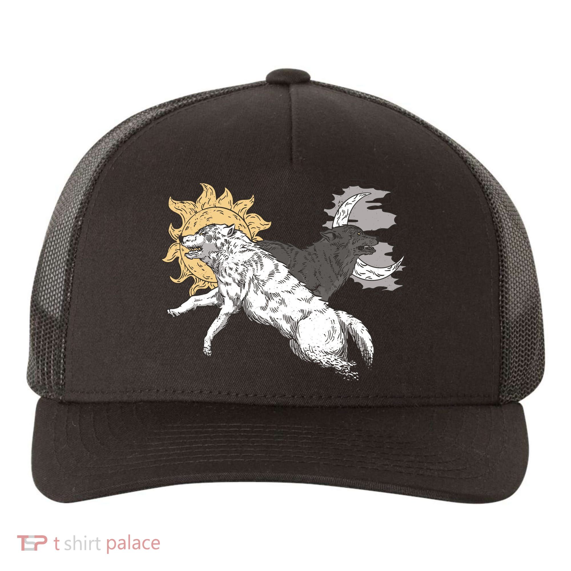 Double Wolf Moon Sun Yupoong Adult 5-Panel Trucker Hat