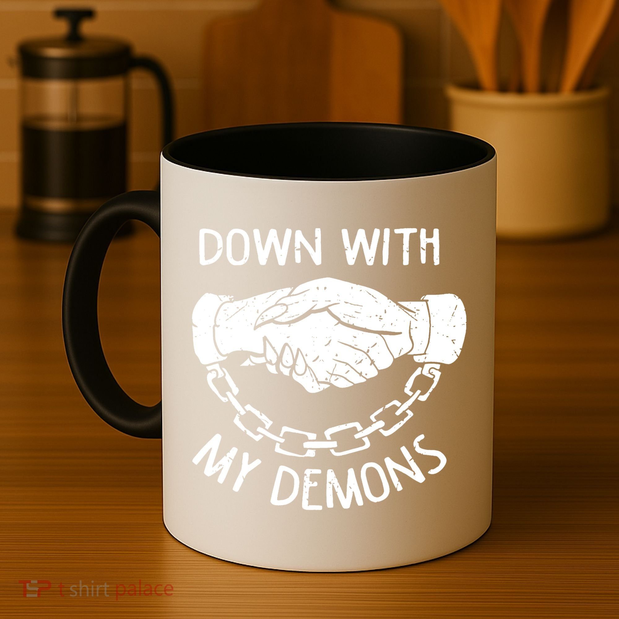 Down With My Demons Deal Handshake Aesthetic Humour Goth Coffee Mug