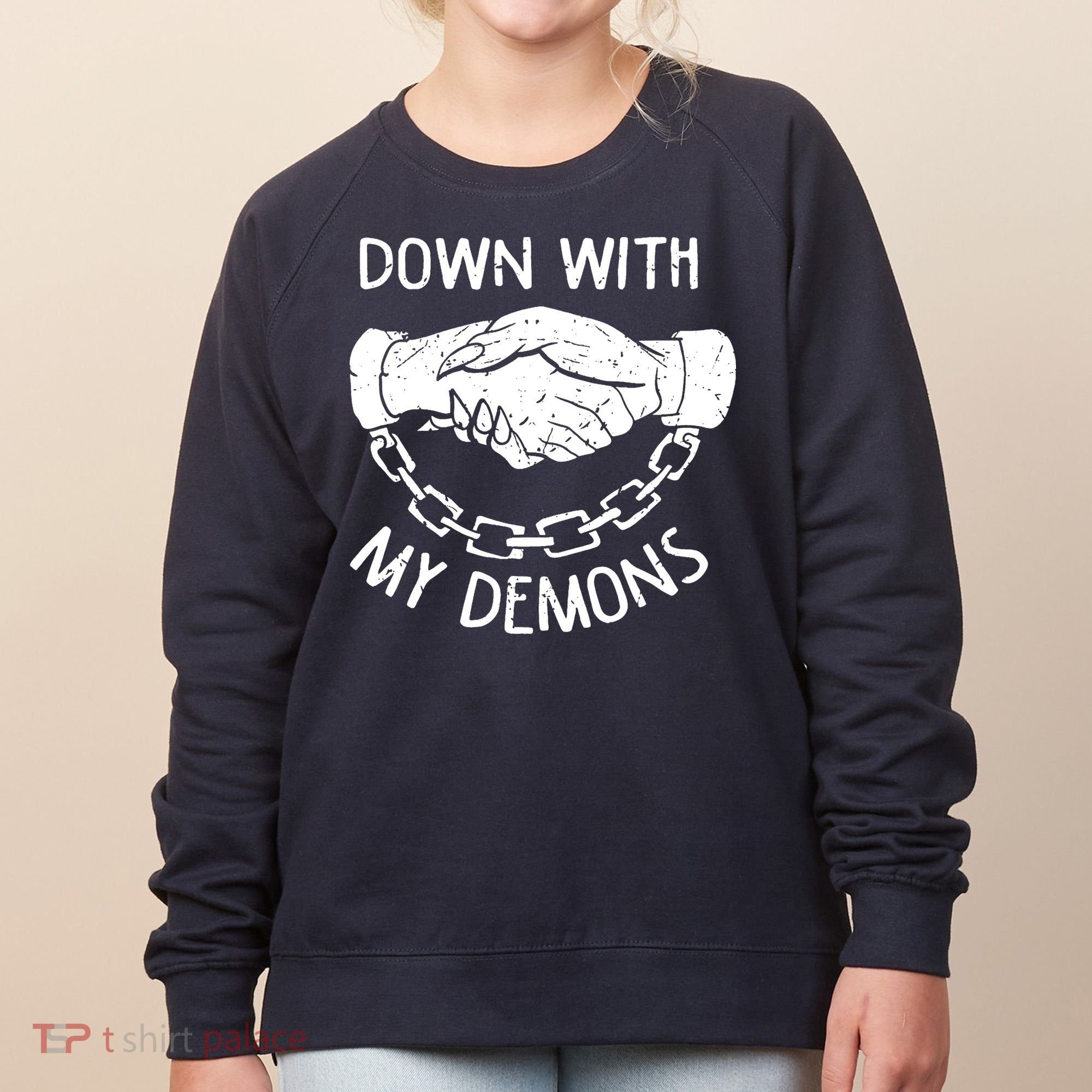 Down With My Demons Deal Handshake Aesthetic Humour Goth Women's Sweatshirt