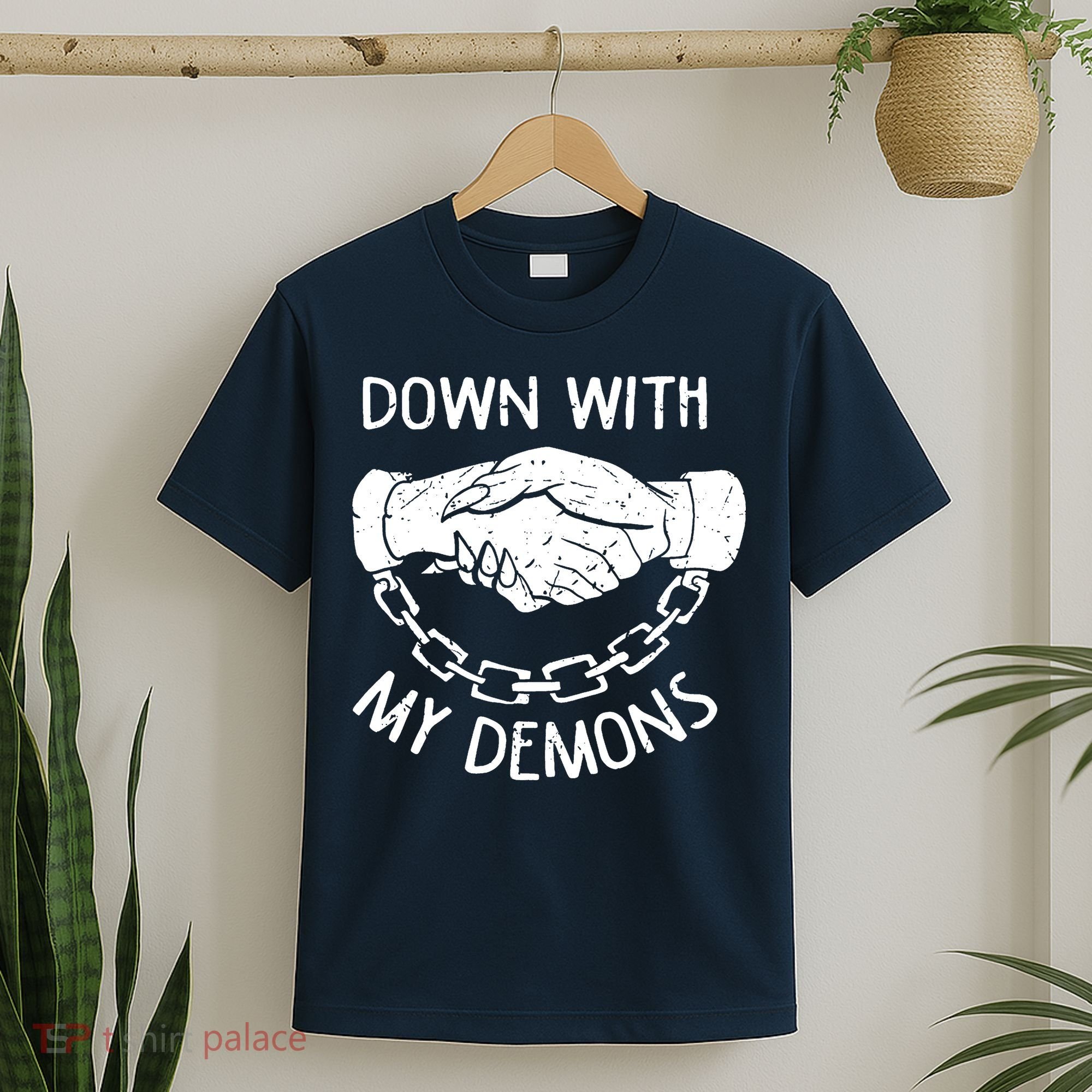 Down With My Demons Deal Handshake Aesthetic Humour Goth T-Shirt