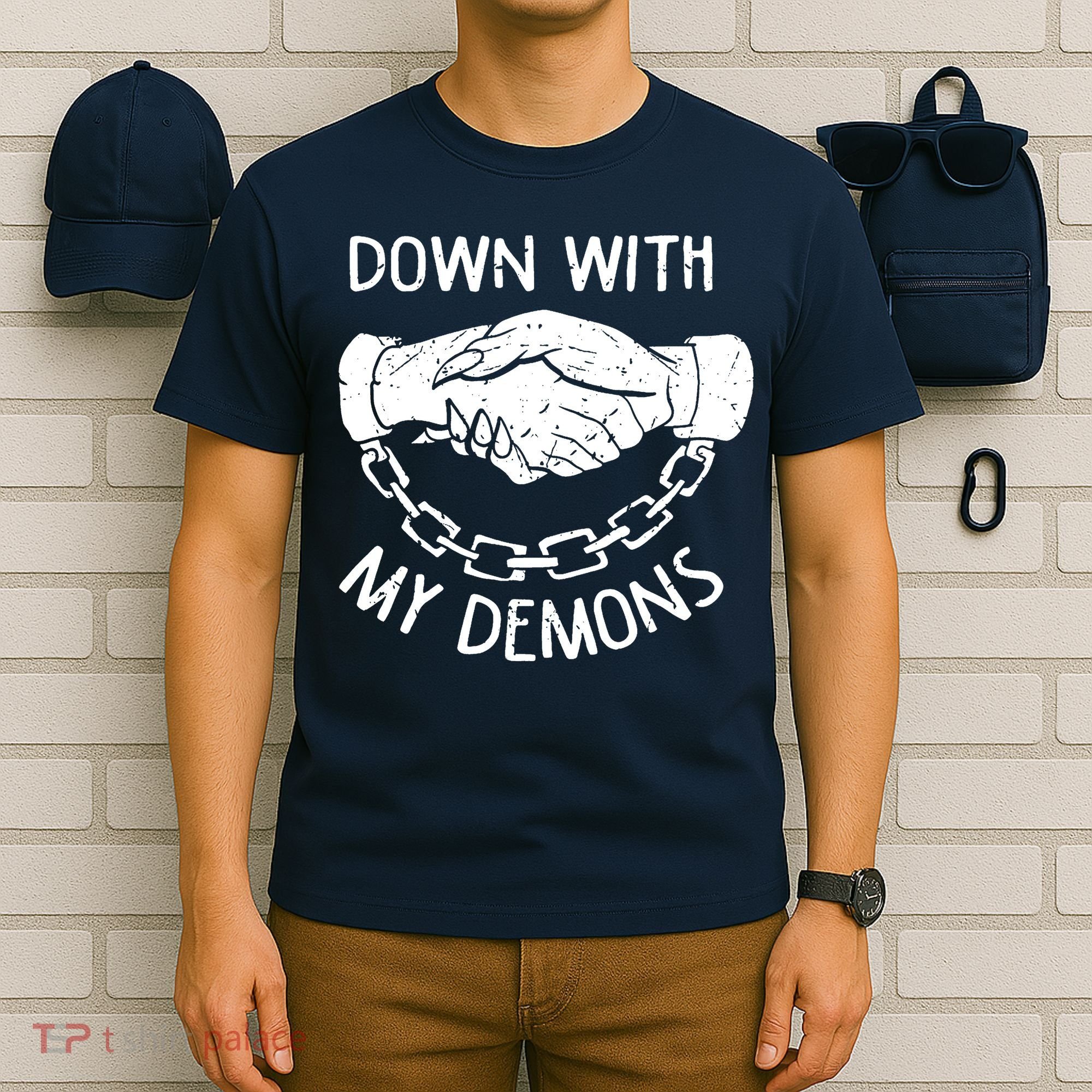 Down With My Demons Deal Handshake Aesthetic Humour Goth T-Shirt