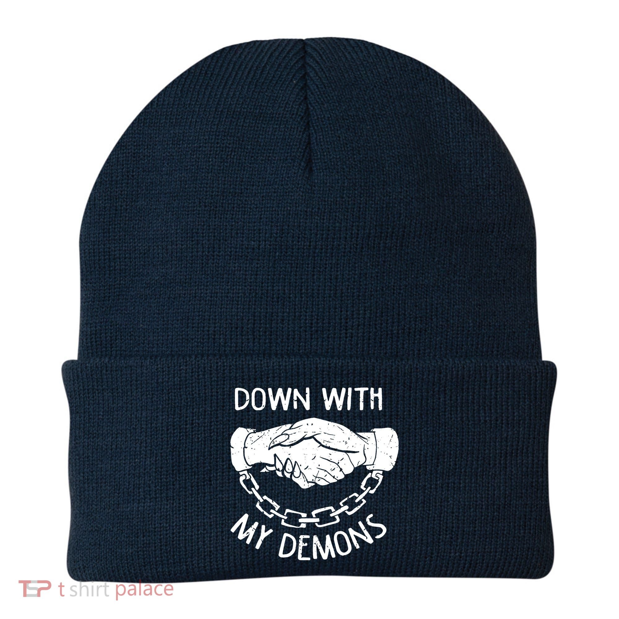 Down With My Demons Deal Handshake Aesthetic Humour Goth Beanie