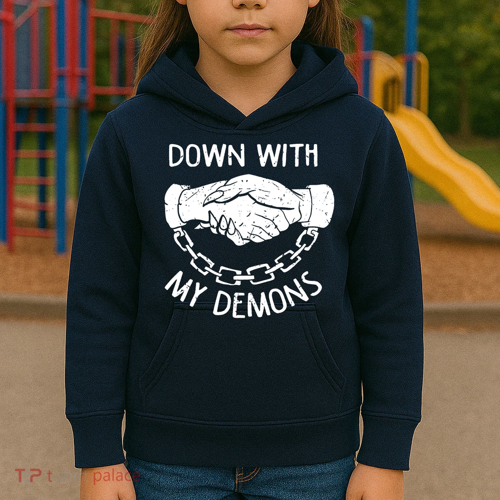 Down With My Demons Deal Handshake Aesthetic Humour Goth Kids Hoodie