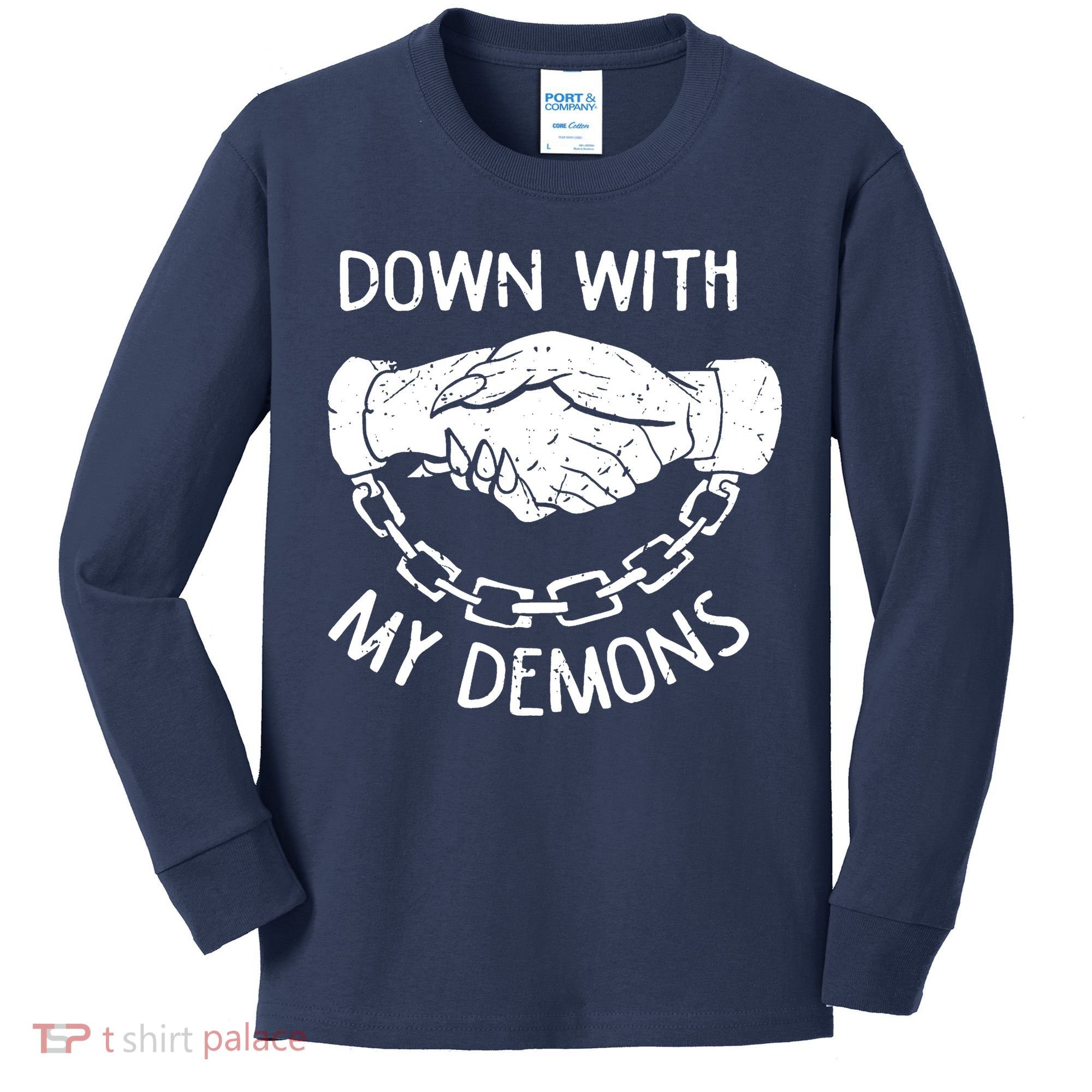 Down With My Demons Deal Handshake Aesthetic Humour Goth Kids Long Sleeve Shirt