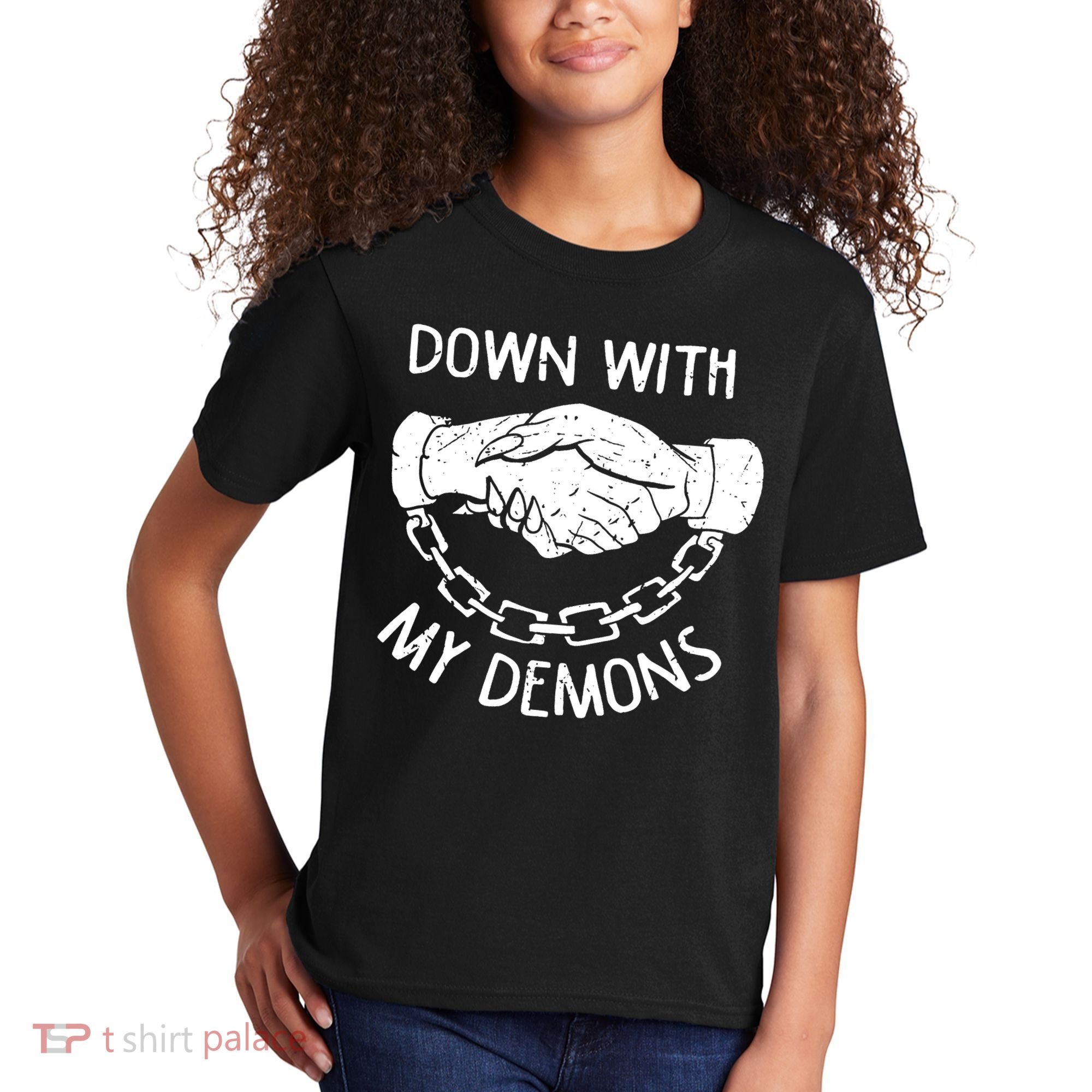 Down With My Demons Deal Handshake Aesthetic Humour Goth Kids T-Shirt