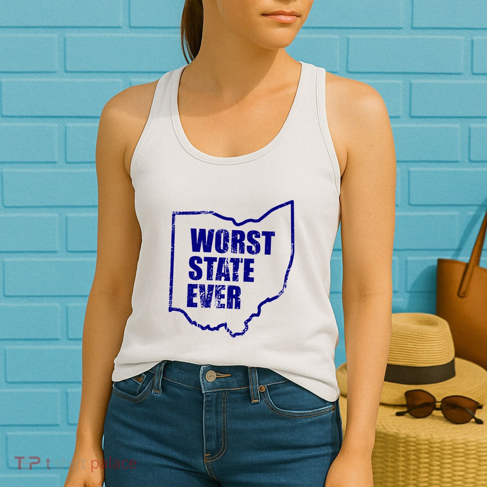 Distressed Worst State Ever Ohio Michigan Sports Fan Women's Tank Top