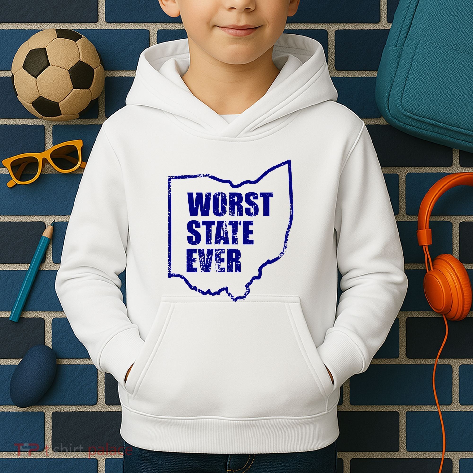 Distressed Worst State Ever Ohio Michigan Sports Fan Kids Hoodie