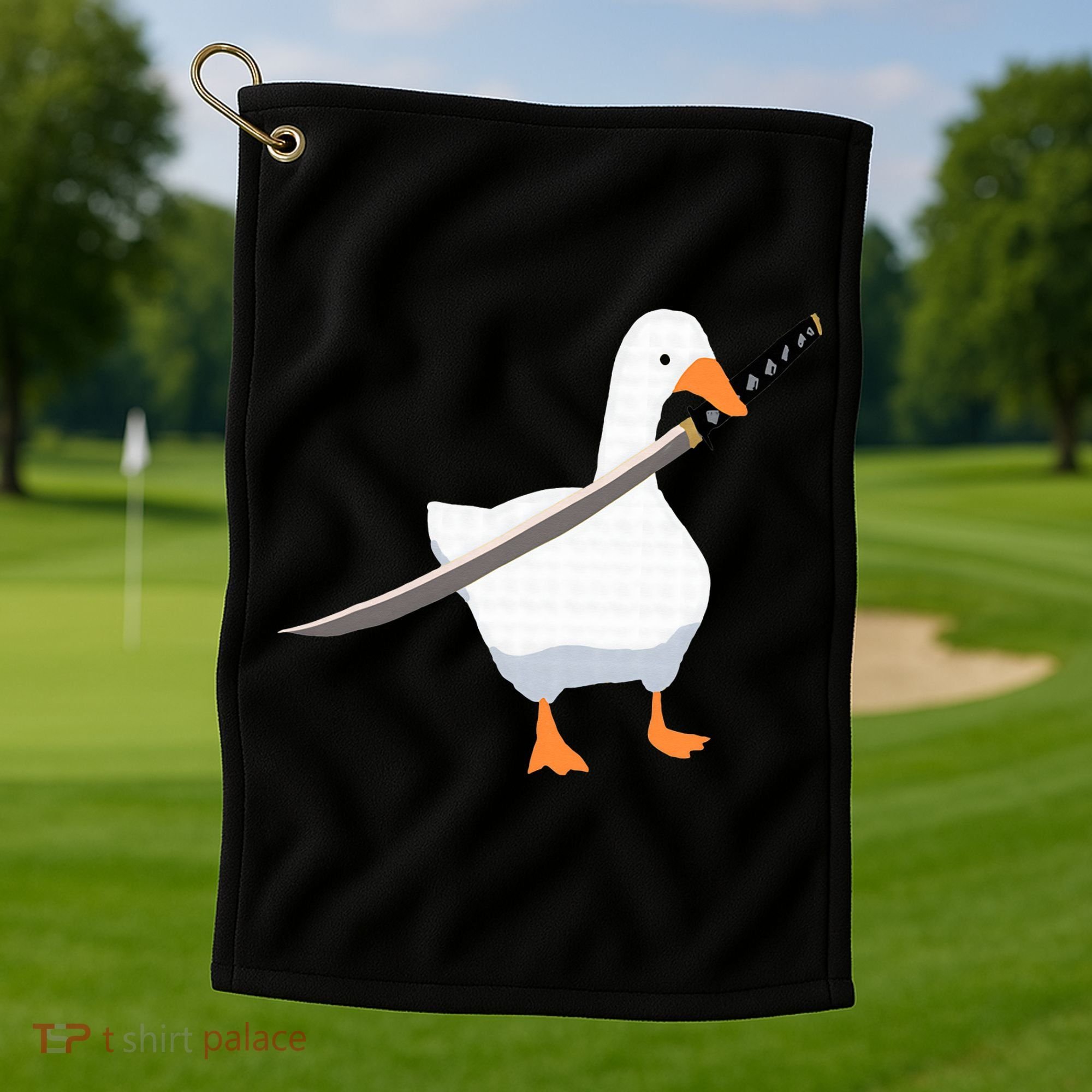 Duck with sword Duck wielding a Katana knife Goose Golf Towel