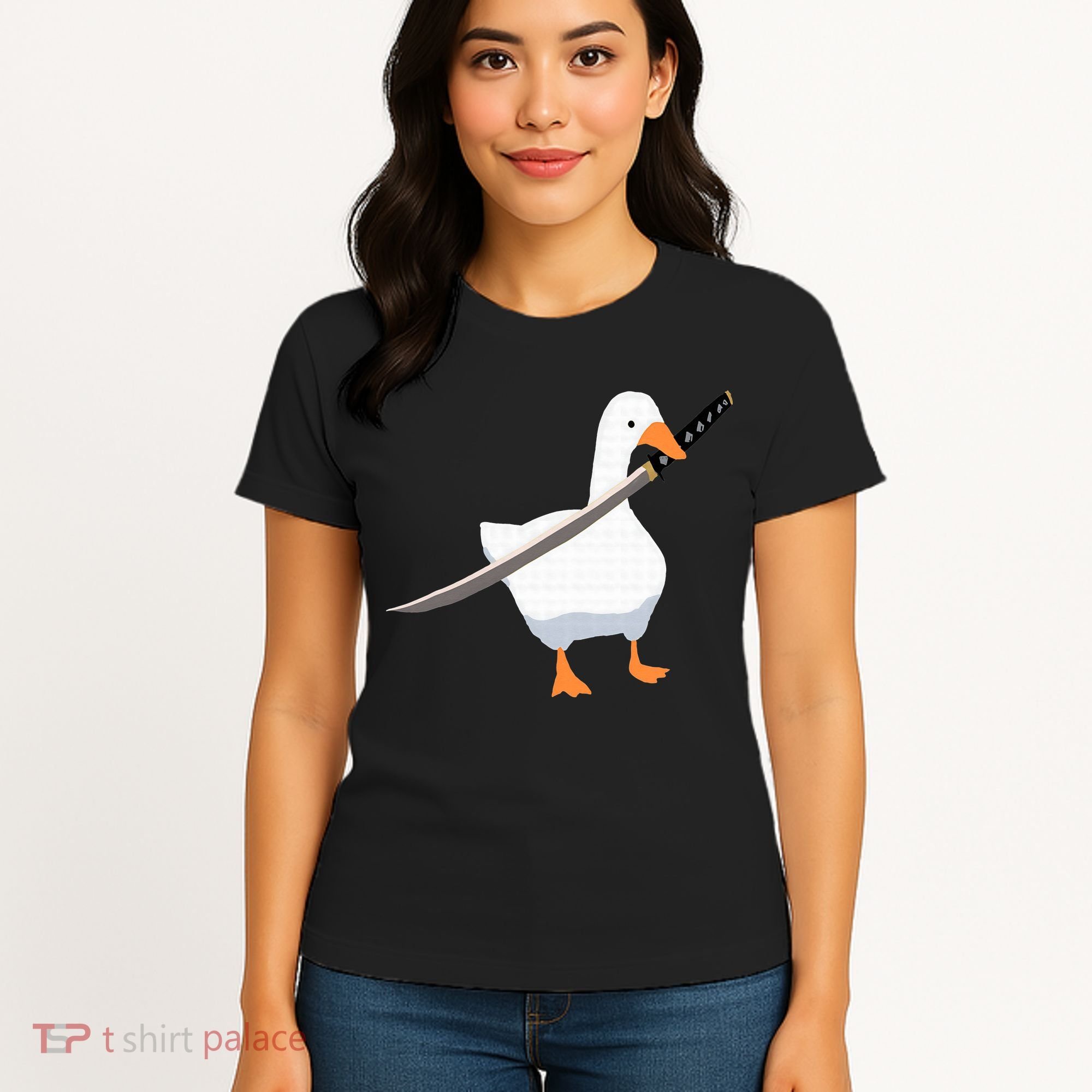 Duck with sword Duck wielding a Katana knife Goose Women's T-Shirt
