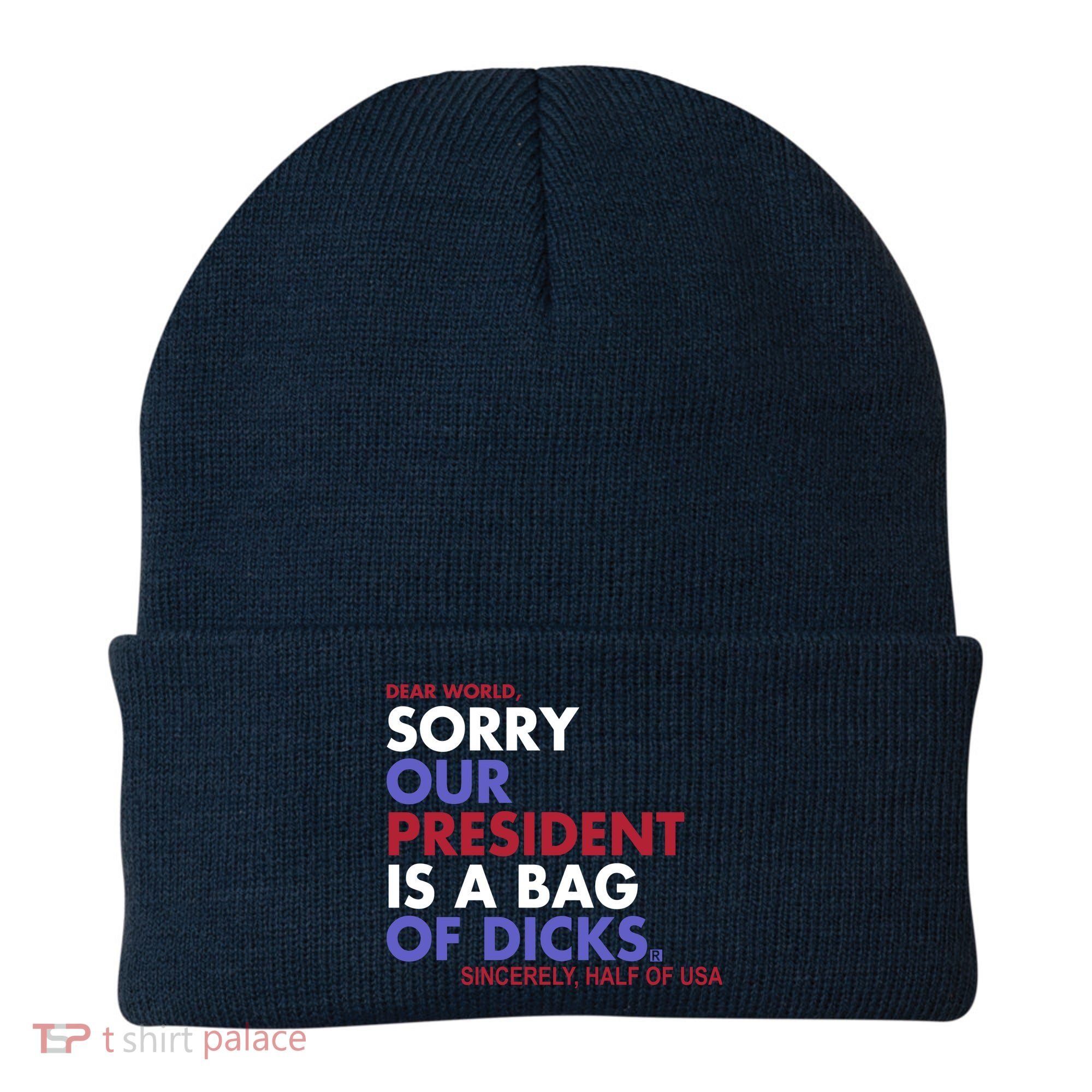 Dear World Sorry Our President Is A Bag Of Dicks Beanie