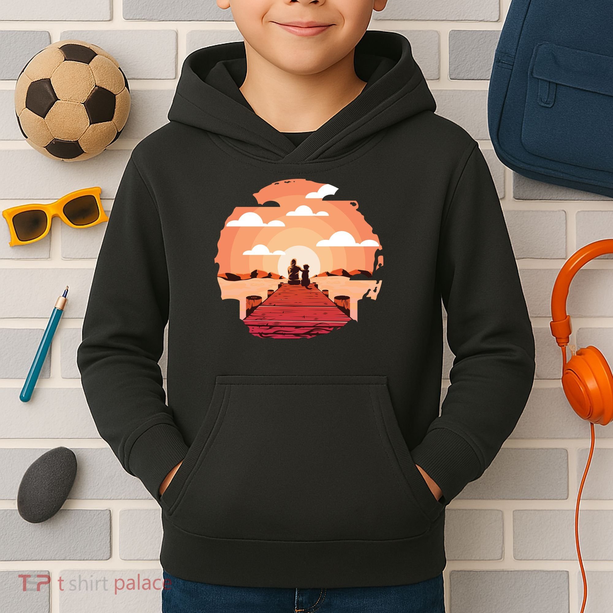 Dog Watching Sunset Kids Hoodie