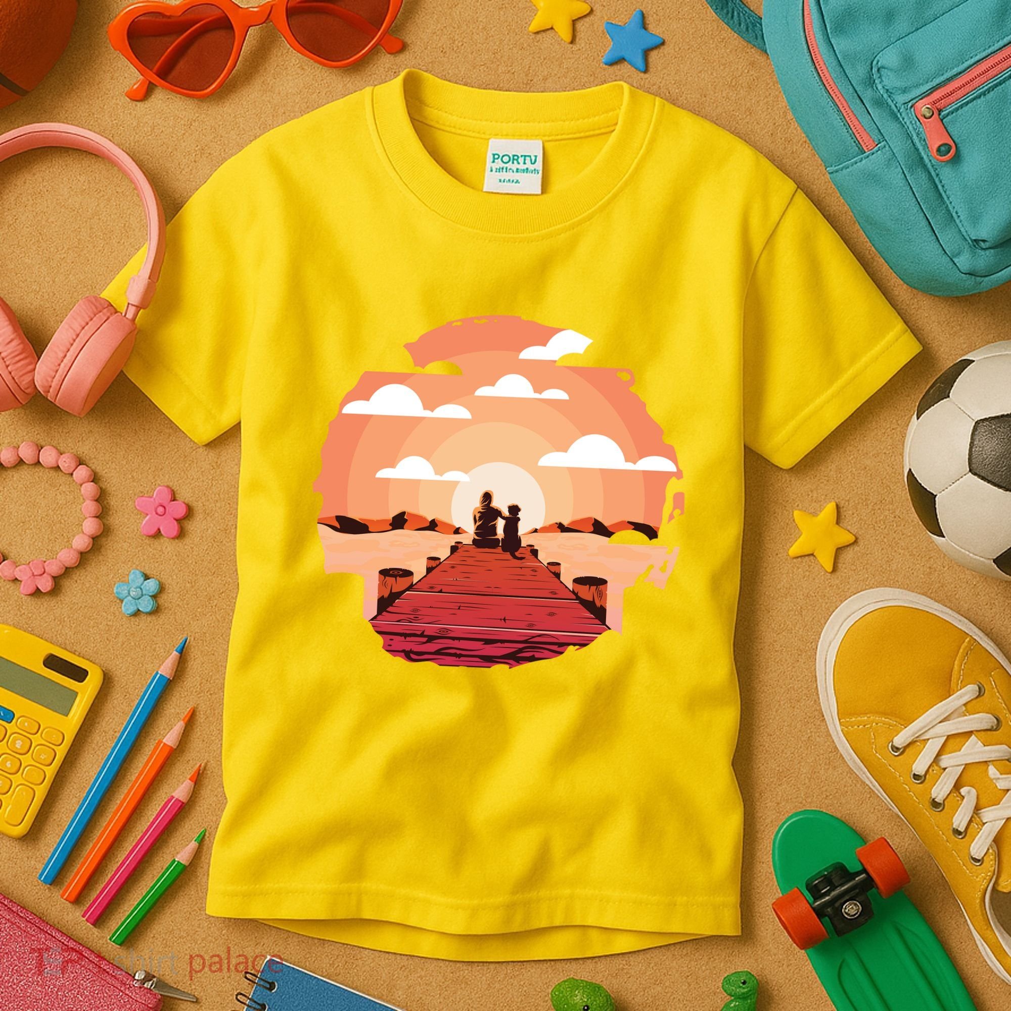 Dog Watching Sunset Kids T-Shirt