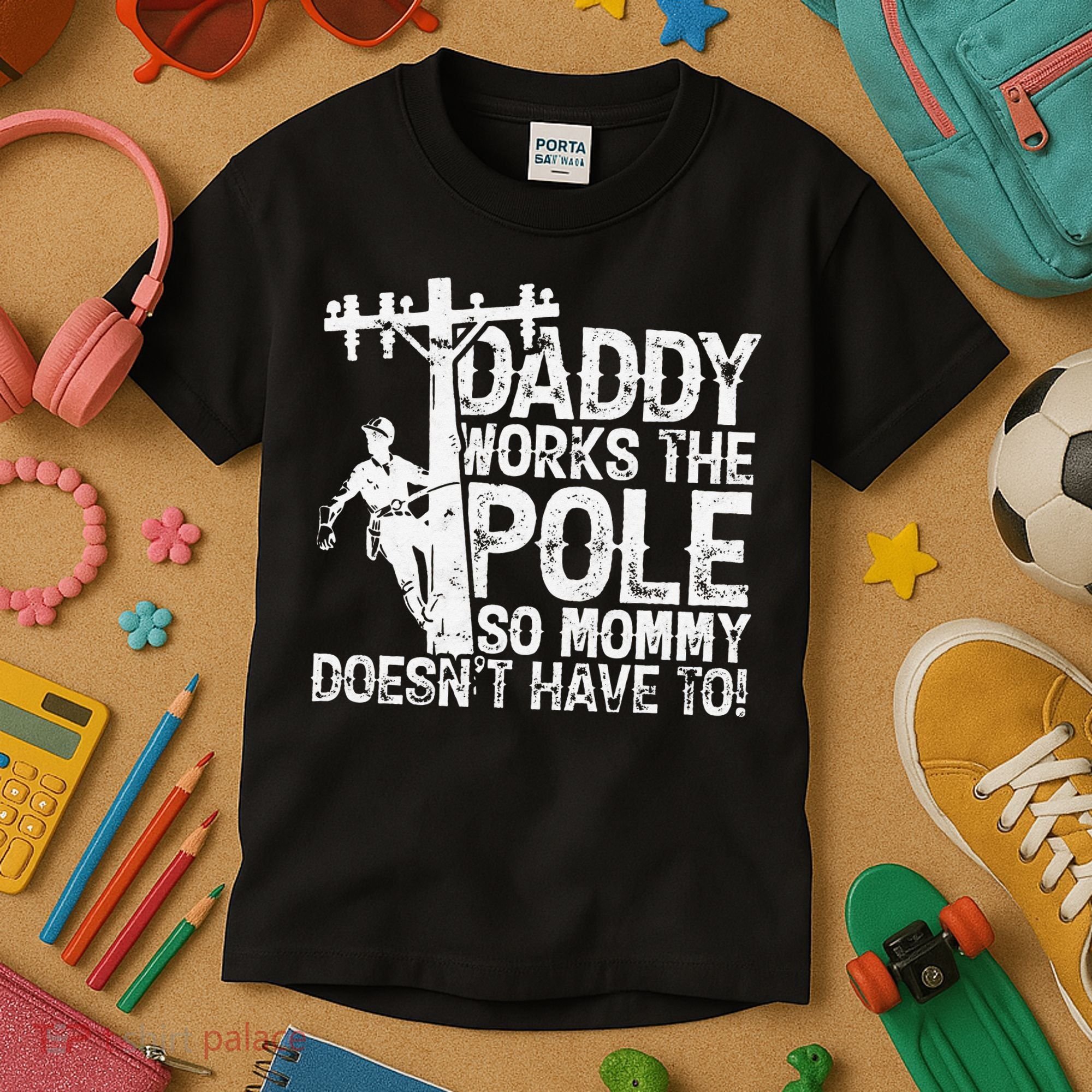 Daddy works the pole so mommy doesn't have to electrician Kids T-Shirt