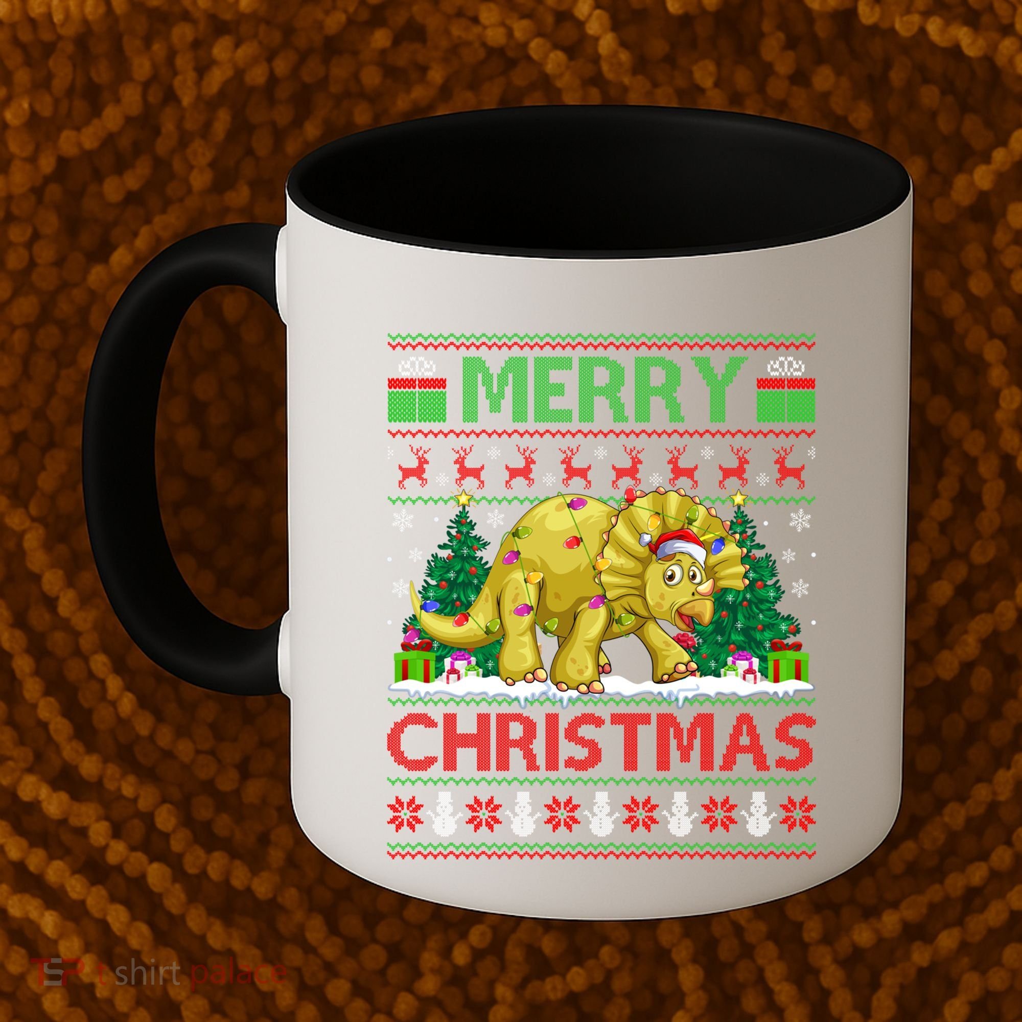 Dinosaur Xmas Lighting Santa Hat Ugly Triceratops Christmas Gift Coffee Mug
