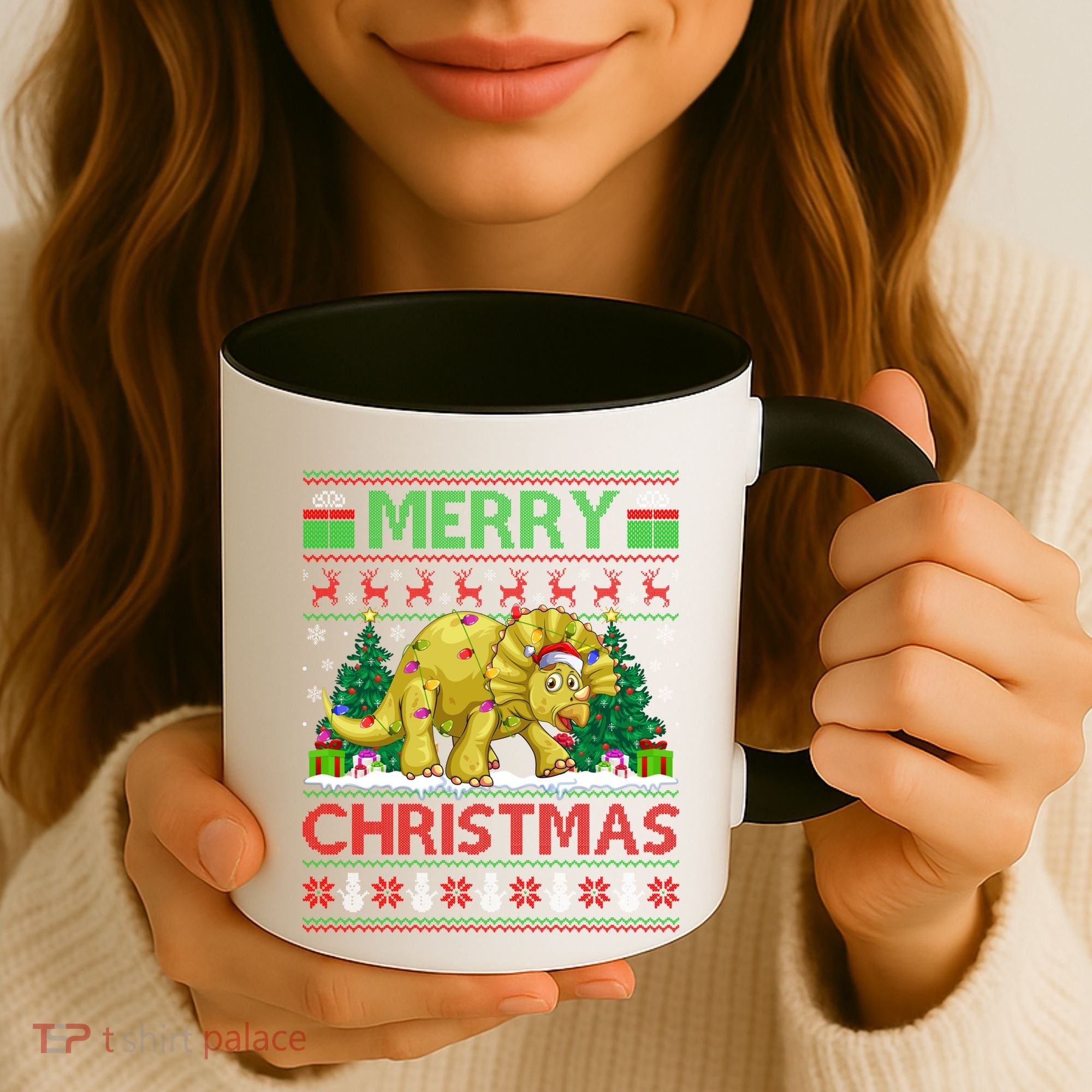 Dinosaur Xmas Lighting Santa Hat Ugly Triceratops Christmas Gift Coffee Mug