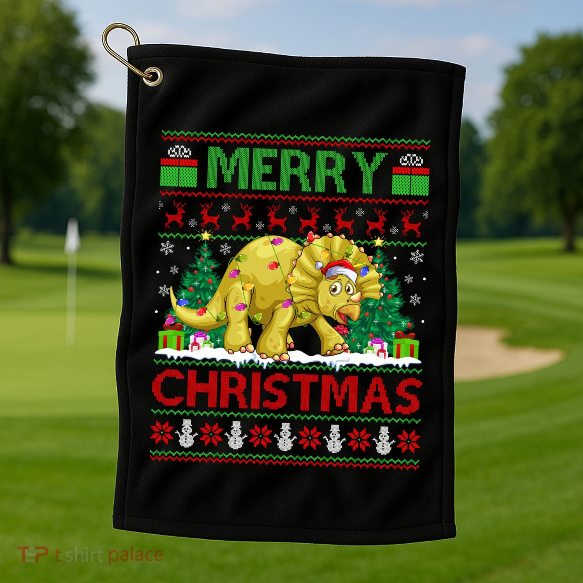 Dinosaur Xmas Lighting Santa Hat Ugly Triceratops Christmas Gift Golf Towel