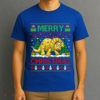 Dinosaur Xmas Lighting Santa Hat Ugly Triceratops Christmas Gift T-Shirt thumb 3