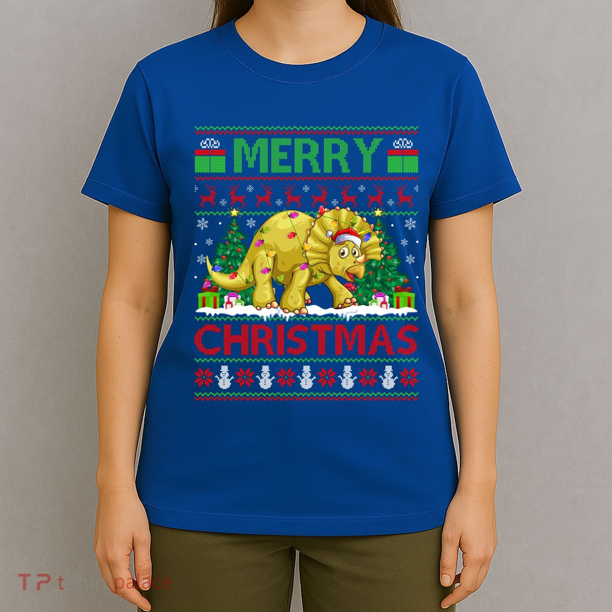 Dinosaur Xmas Lighting Santa Hat Ugly Triceratops Christmas Gift T-Shirt