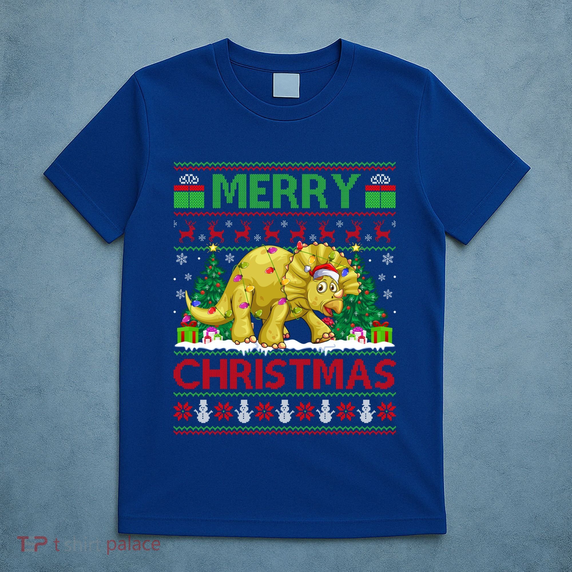 Dinosaur Xmas Lighting Santa Hat Ugly Triceratops Christmas Gift T-Shirt