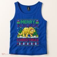Dinosaur Xmas Lighting Santa Hat Ugly Triceratops Christmas Gift Tank Top thumb 2