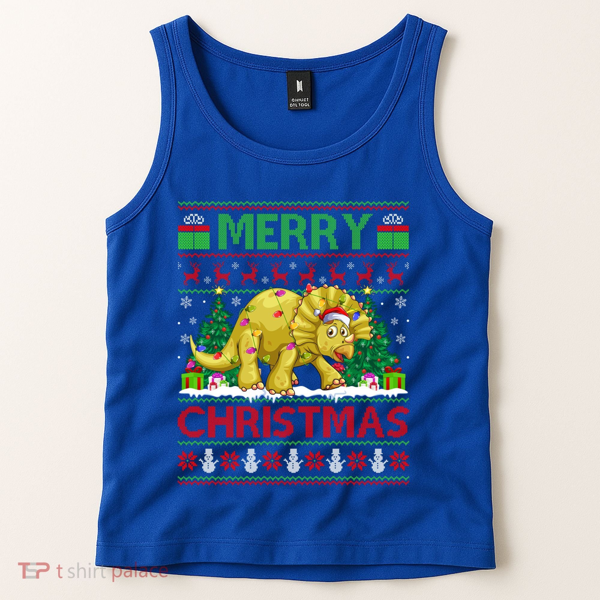 Dinosaur Xmas Lighting Santa Hat Ugly Triceratops Christmas Gift Tank Top