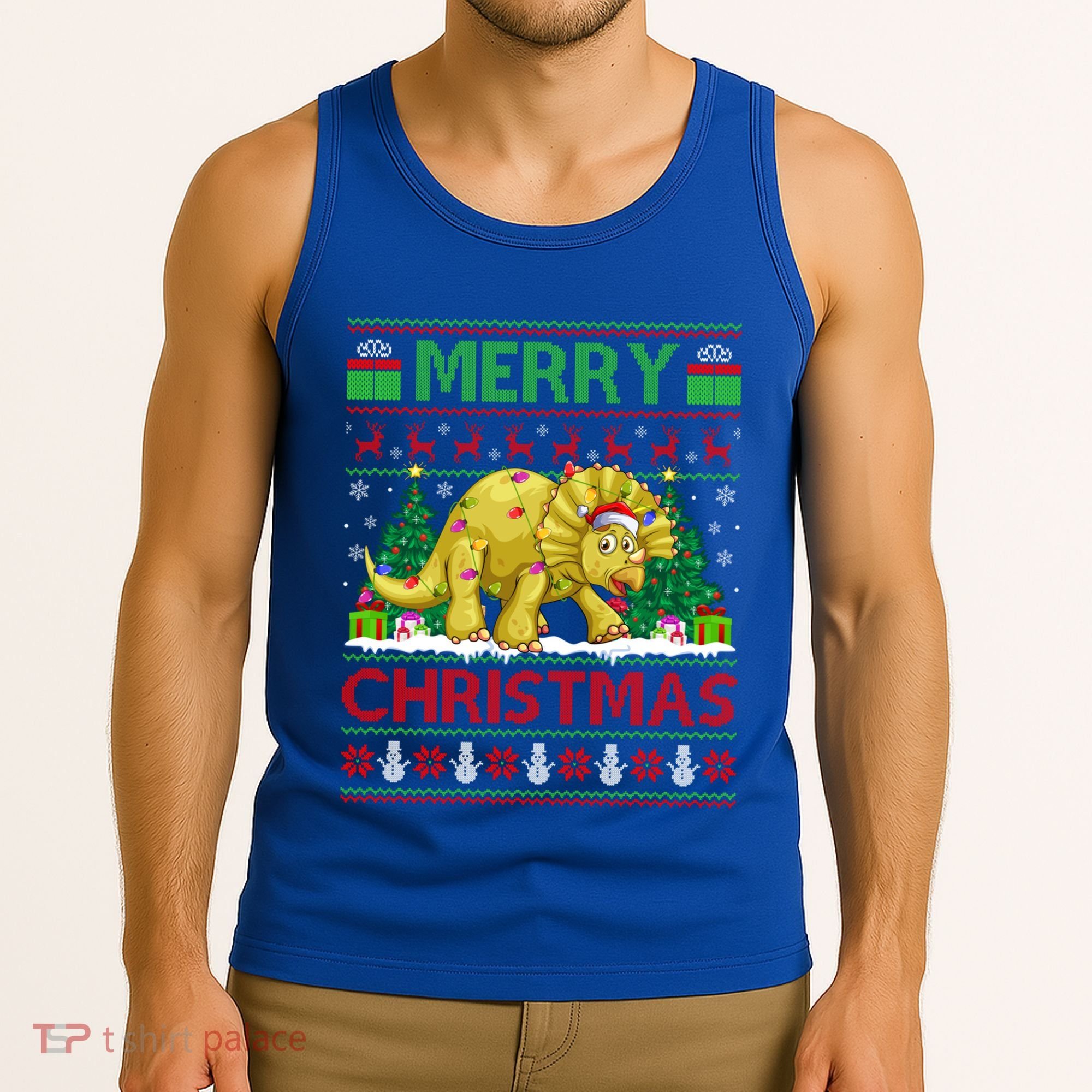 Dinosaur Xmas Lighting Santa Hat Ugly Triceratops Christmas Gift Tank Top