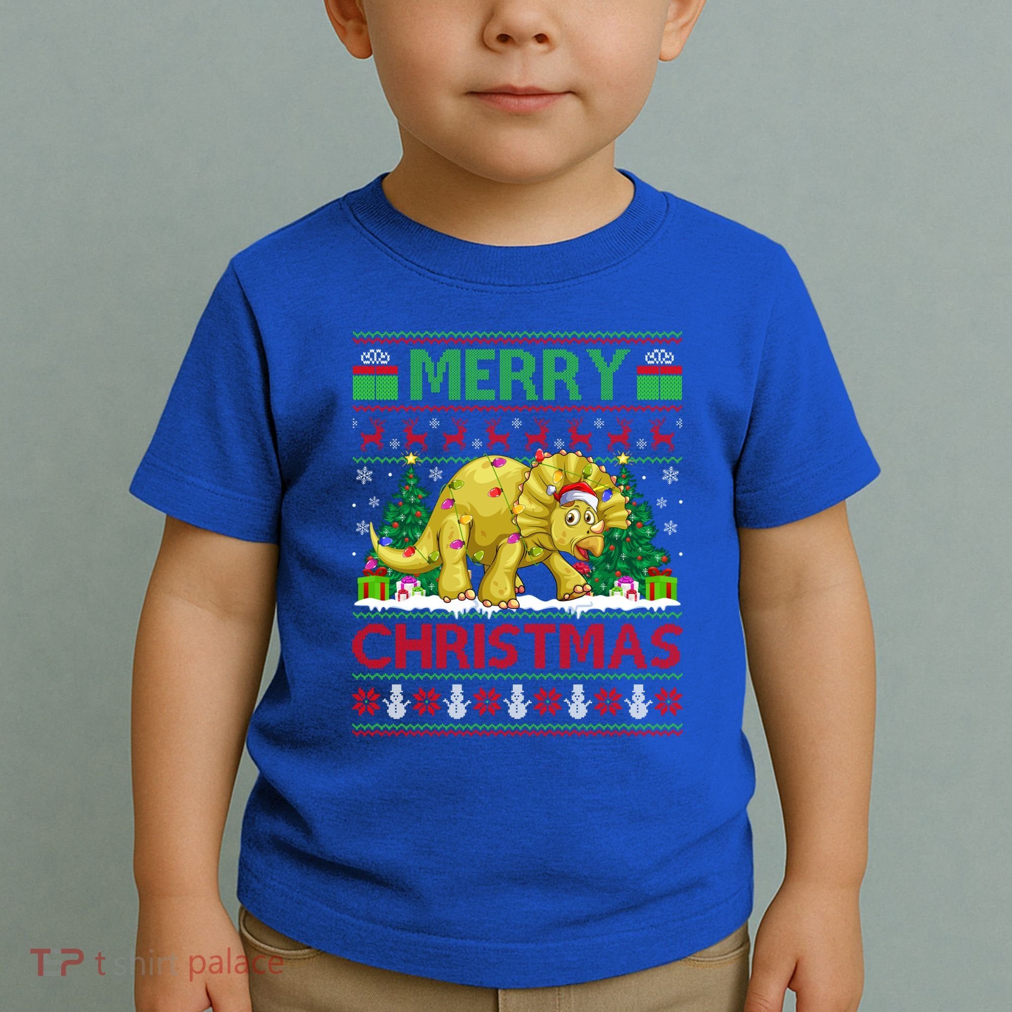Dinosaur Xmas Lighting Santa Hat Ugly Triceratops Christmas Gift Toddler T-Shirt