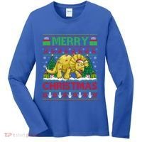 Dinosaur Xmas Lighting Santa Hat Ugly Triceratops Christmas Gift Women's Long Sleeve Shirt thumb 0