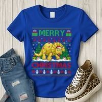 Dinosaur Xmas Lighting Santa Hat Ugly Triceratops Christmas Gift Women's T-Shirt thumb 3