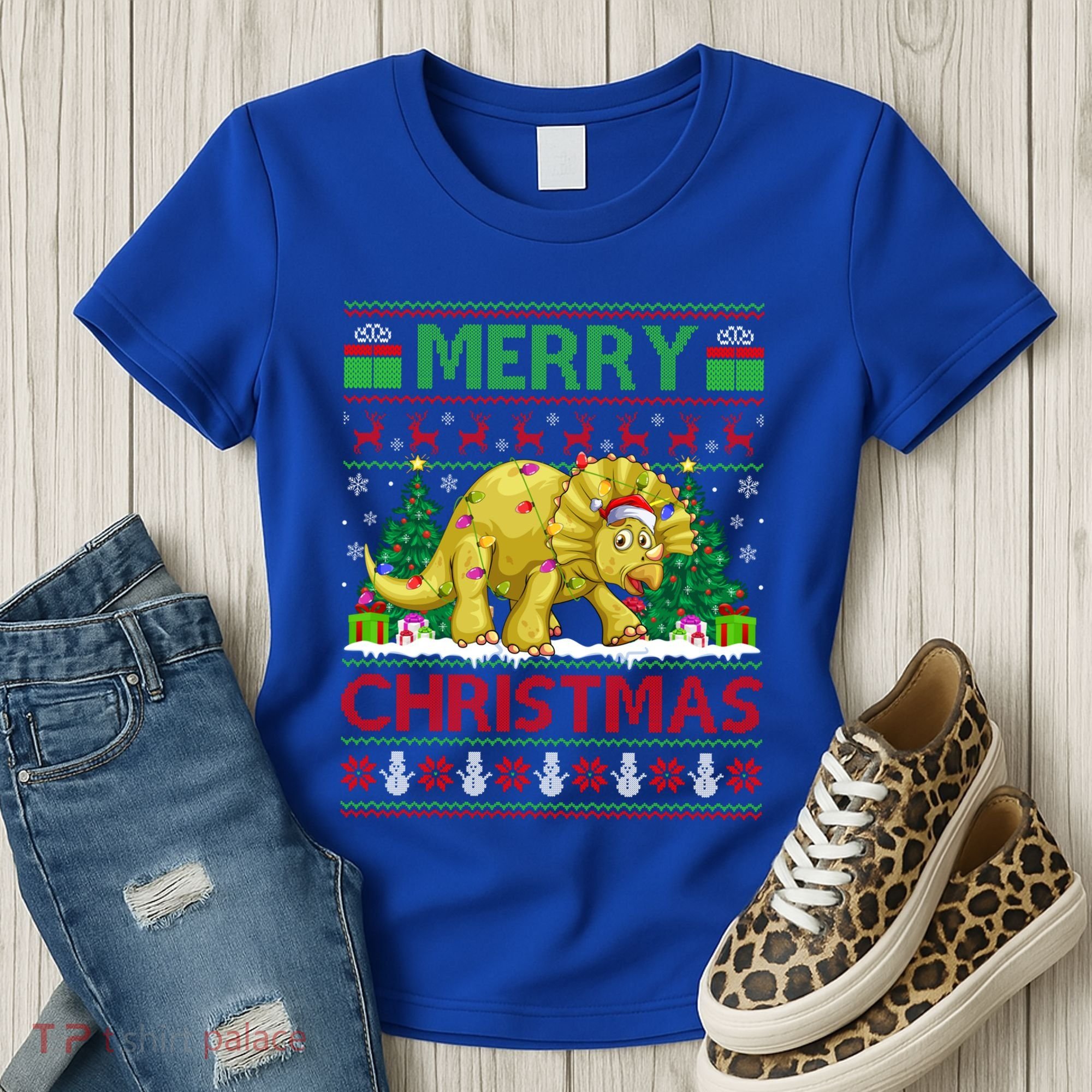 Dinosaur Xmas Lighting Santa Hat Ugly Triceratops Christmas Gift Women's T-Shirt