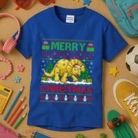 Dinosaur Xmas Lighting Santa Hat Ugly Triceratops Christmas Gift Kids T-Shirt thumb 3