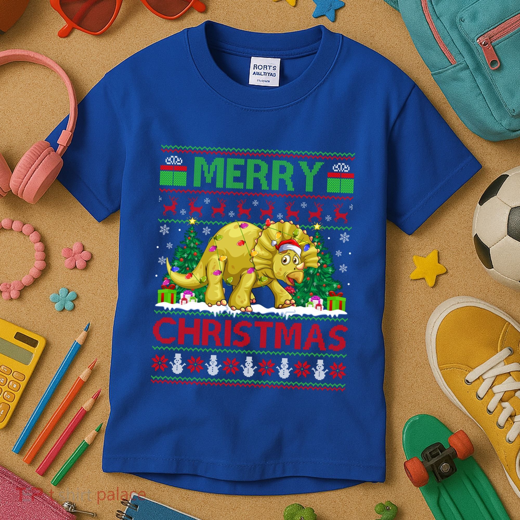 Dinosaur Xmas Lighting Santa Hat Ugly Triceratops Christmas Gift Kids T-Shirt