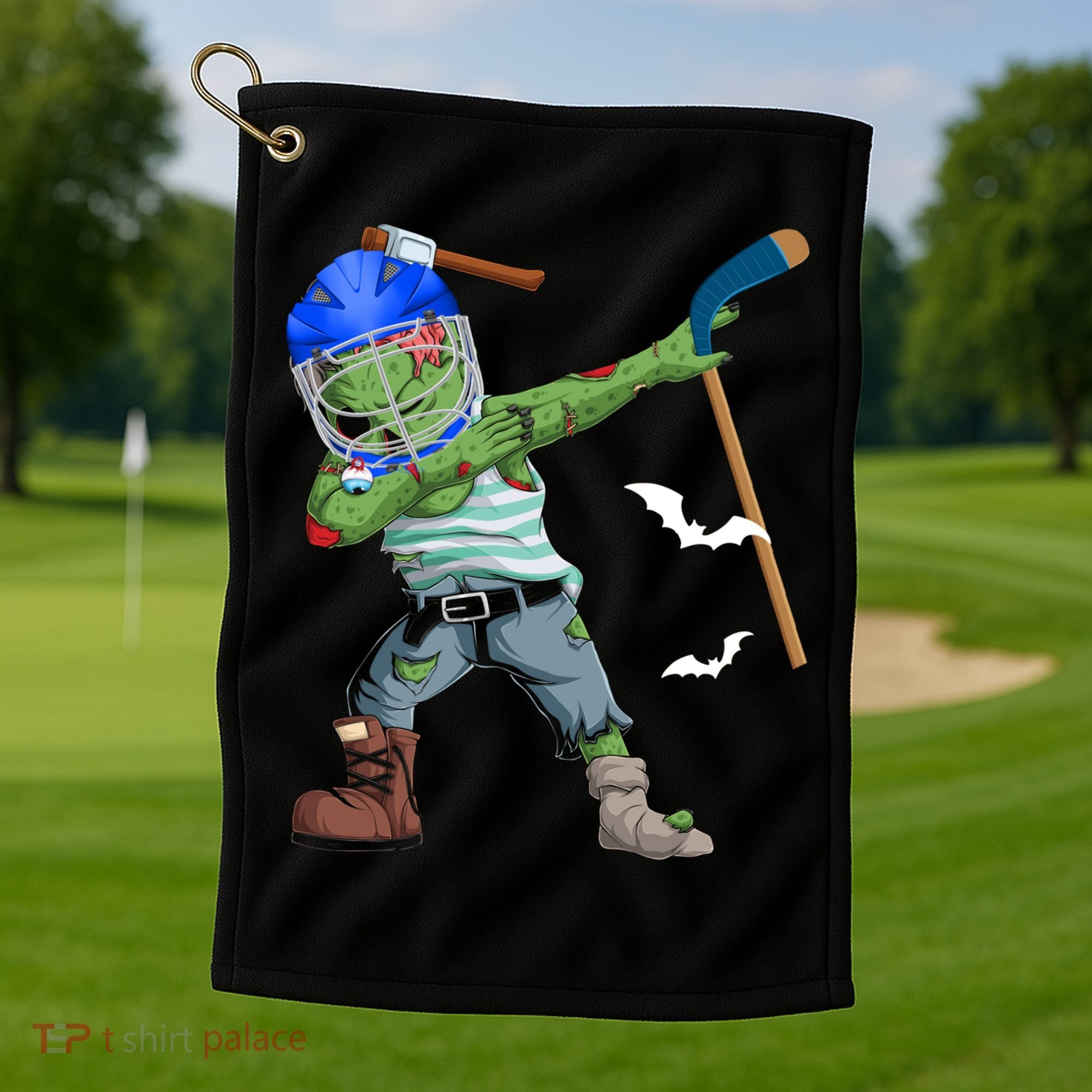 Dabbing Zombie Playing Ice Hockey Player Cool Halloween Gift Golf Towel
