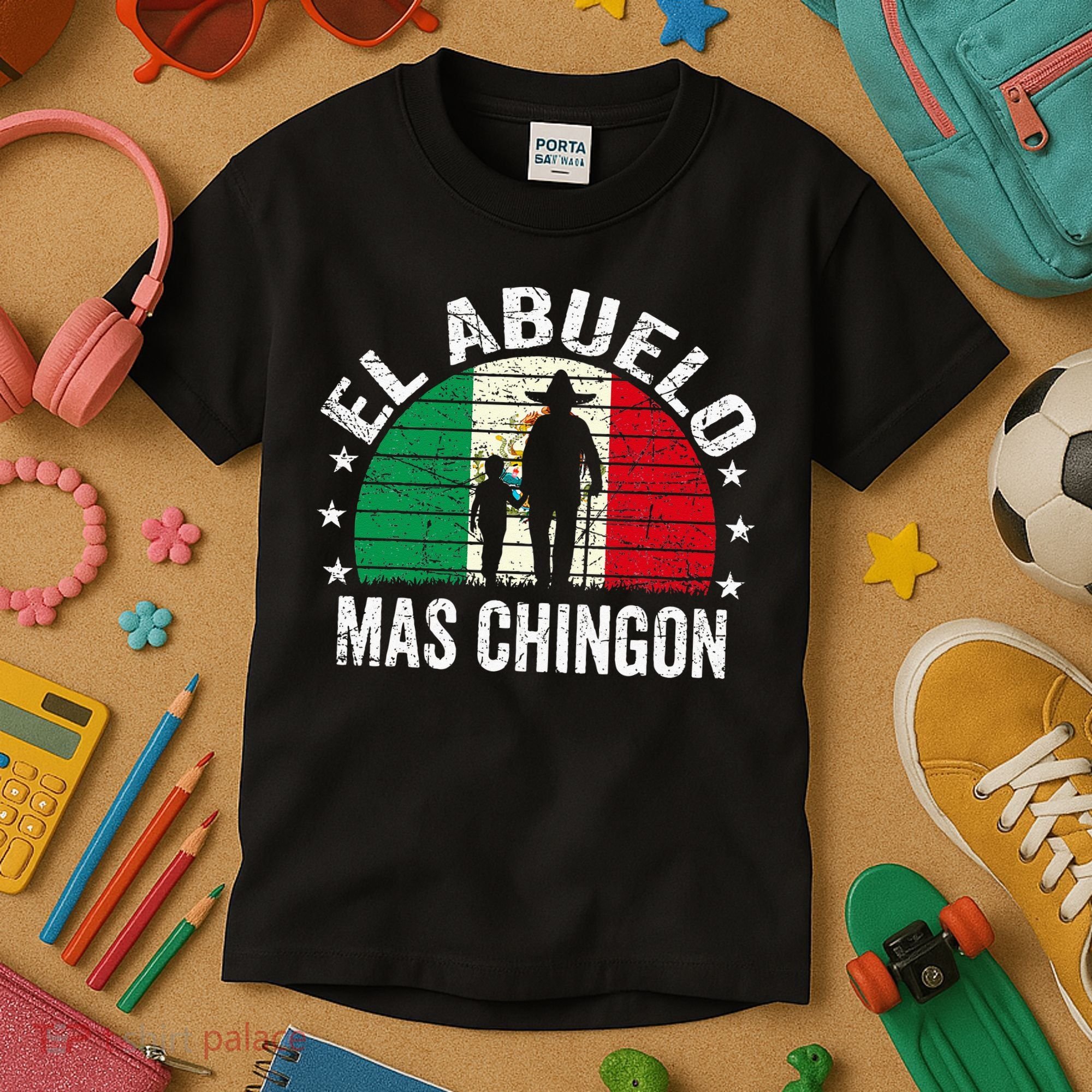 El Abuelo Mas Chingon Mexican Grandpa Cinco De Mayo Flag Kids T-Shirt