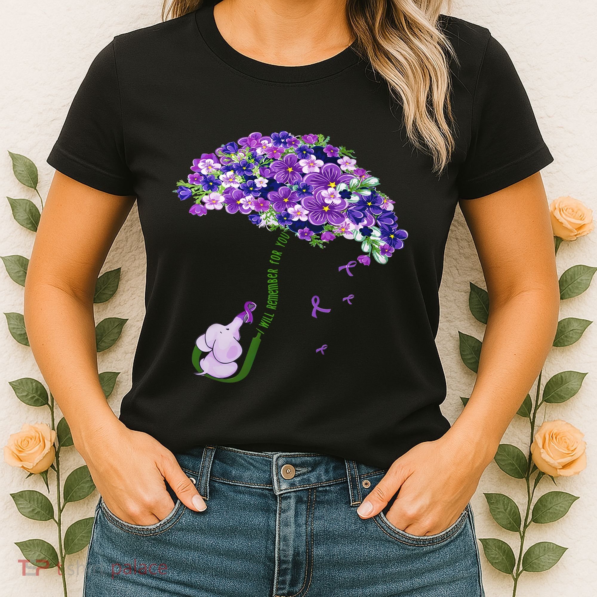 Elephant Alzheimers Purple Flower I Will Remember For You Women's T-Shirt