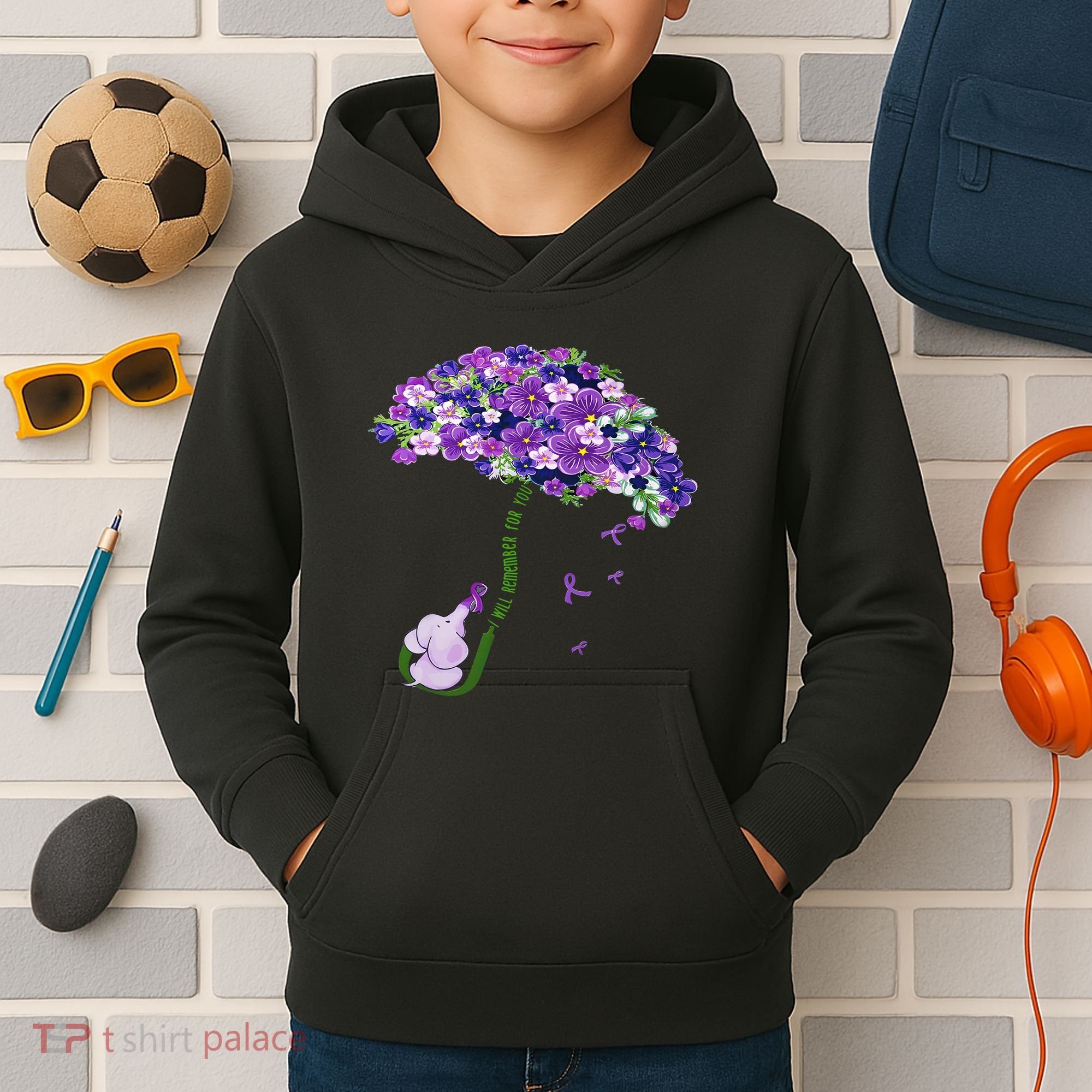 Elephant Alzheimers Purple Flower I Will Remember For You Kids Hoodie