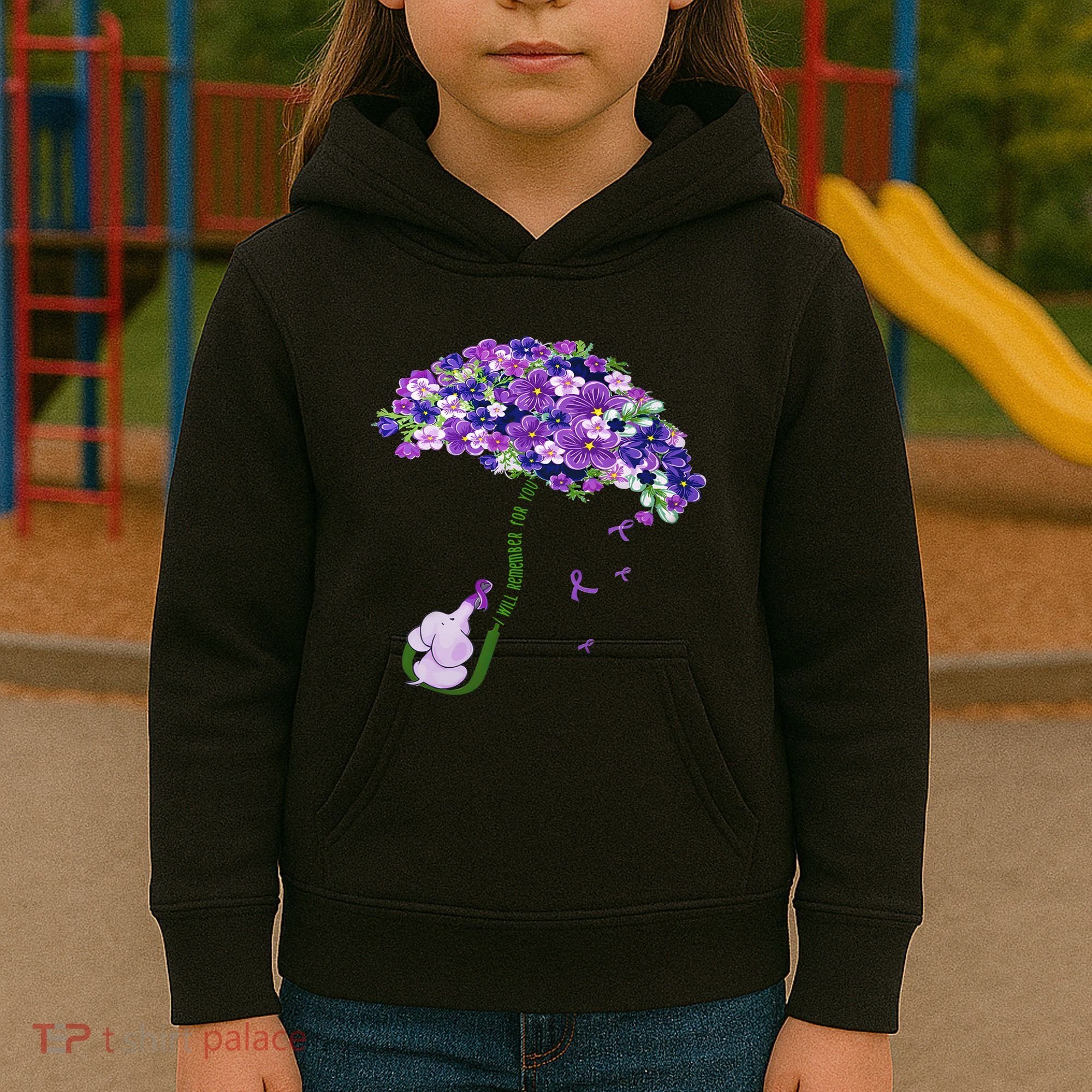 Elephant Alzheimers Purple Flower I Will Remember For You Kids Hoodie